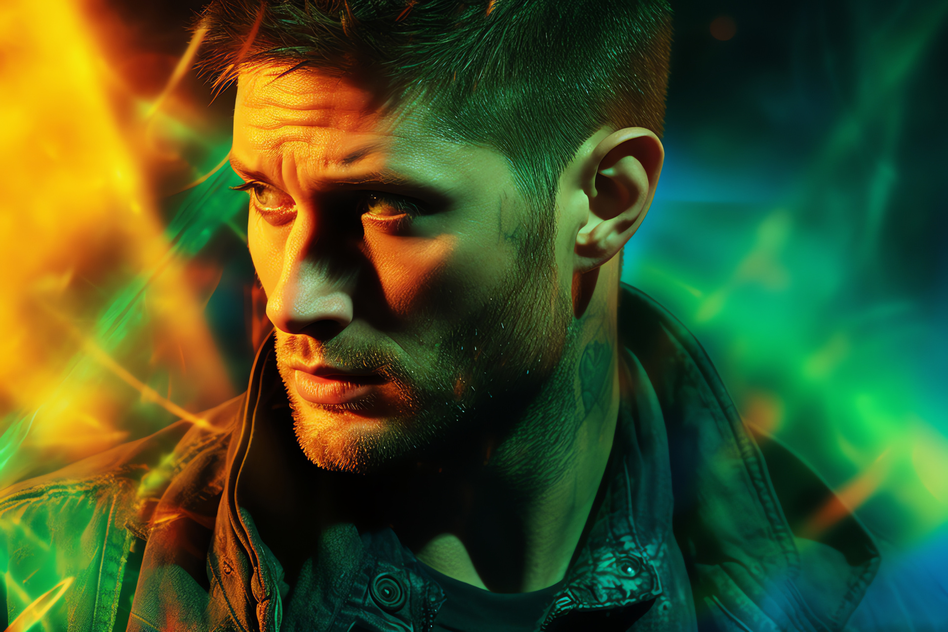 Dean Winchester Supernatural, hunter's intensity, spectral dynamic, broken image effect, Ackles portrayal, HD Desktop Image