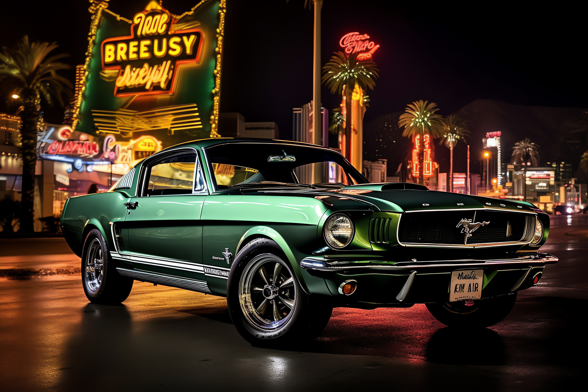 Bullitt Mustang Vegas, Dark green Bullitt shade, Iconic Las Vegas sign, Strip scene Bullitt, Black Bullitt wheels, HD Desktop Wallpaper