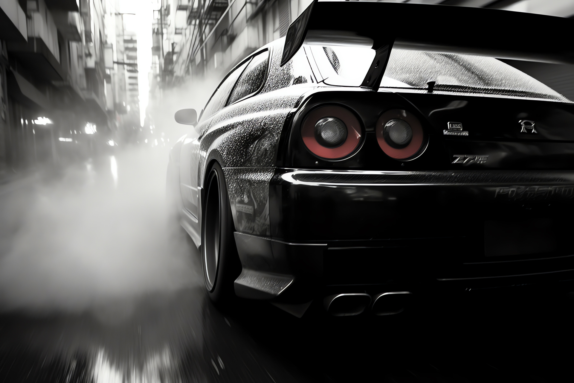 Nissan Skyline GTR R33, Tokyo drifting, Shibuya city vibe, Smoke from performance tires, Sleek Japanese engineering, HD Desktop Image