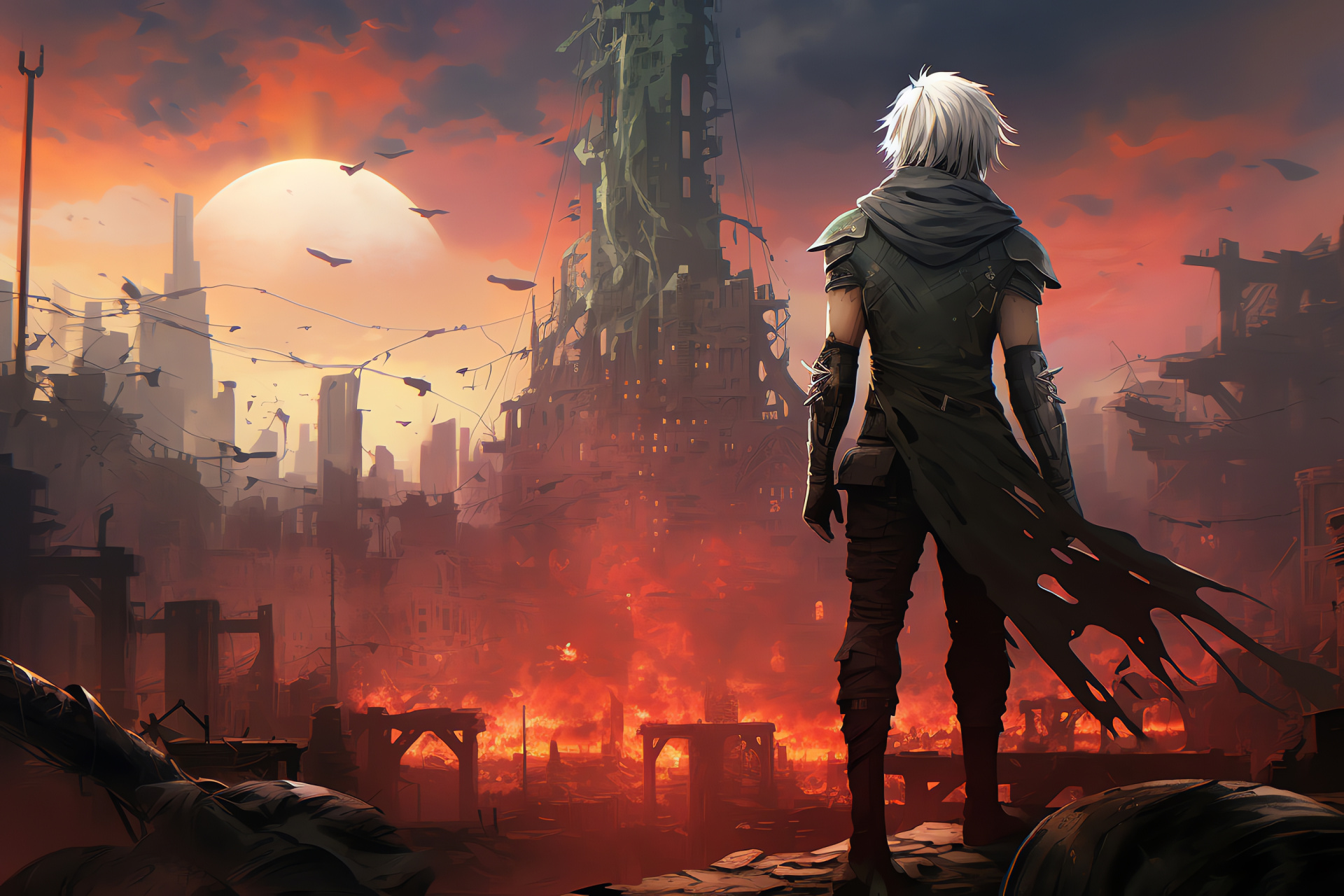 Nier Replicant universe, Futuristic desolation, Heroic young warrior, Sharp sword, Ancient debris, HD Desktop Image
