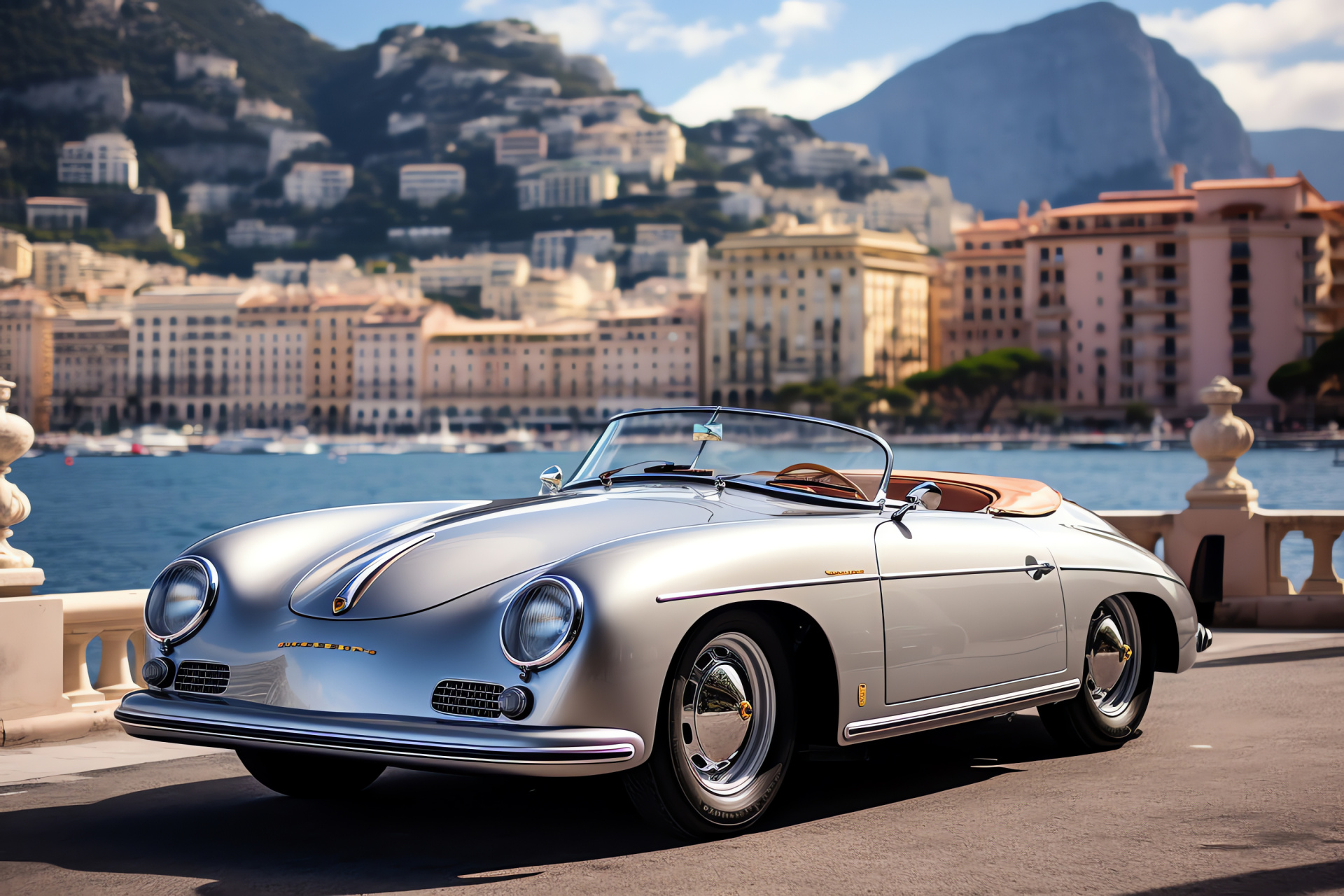Porsche 356 Monte Carlo luxury, Silver Cabriolet prestige, Monaco waterfront charm, Yachting elegance, Casino grandeur, HD Desktop Image