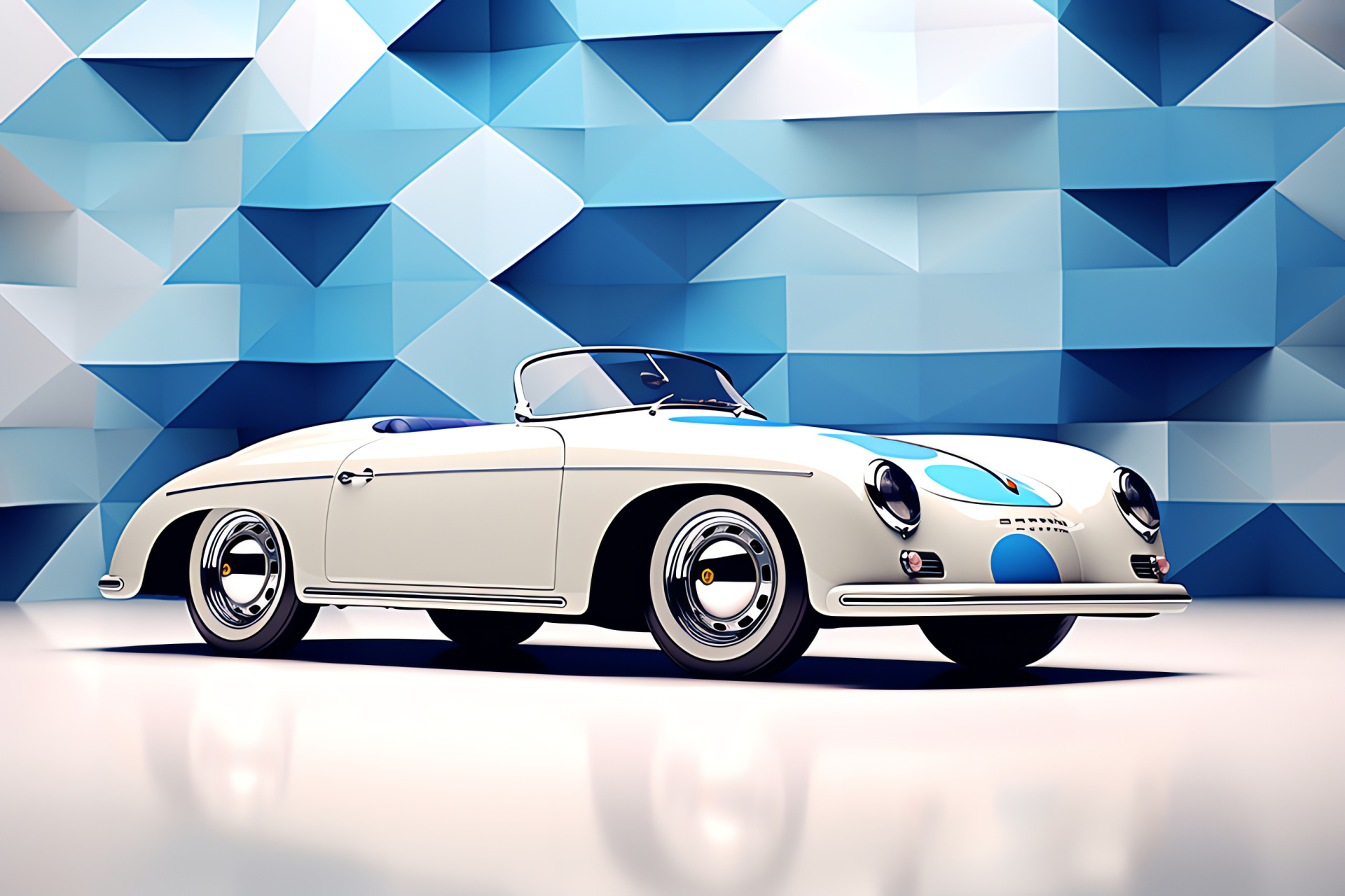 1951 Porsche 356 artwork, Side profile elegance, White and blue pattern, Speedster creativity, Geometric backdrop, HD Desktop Image