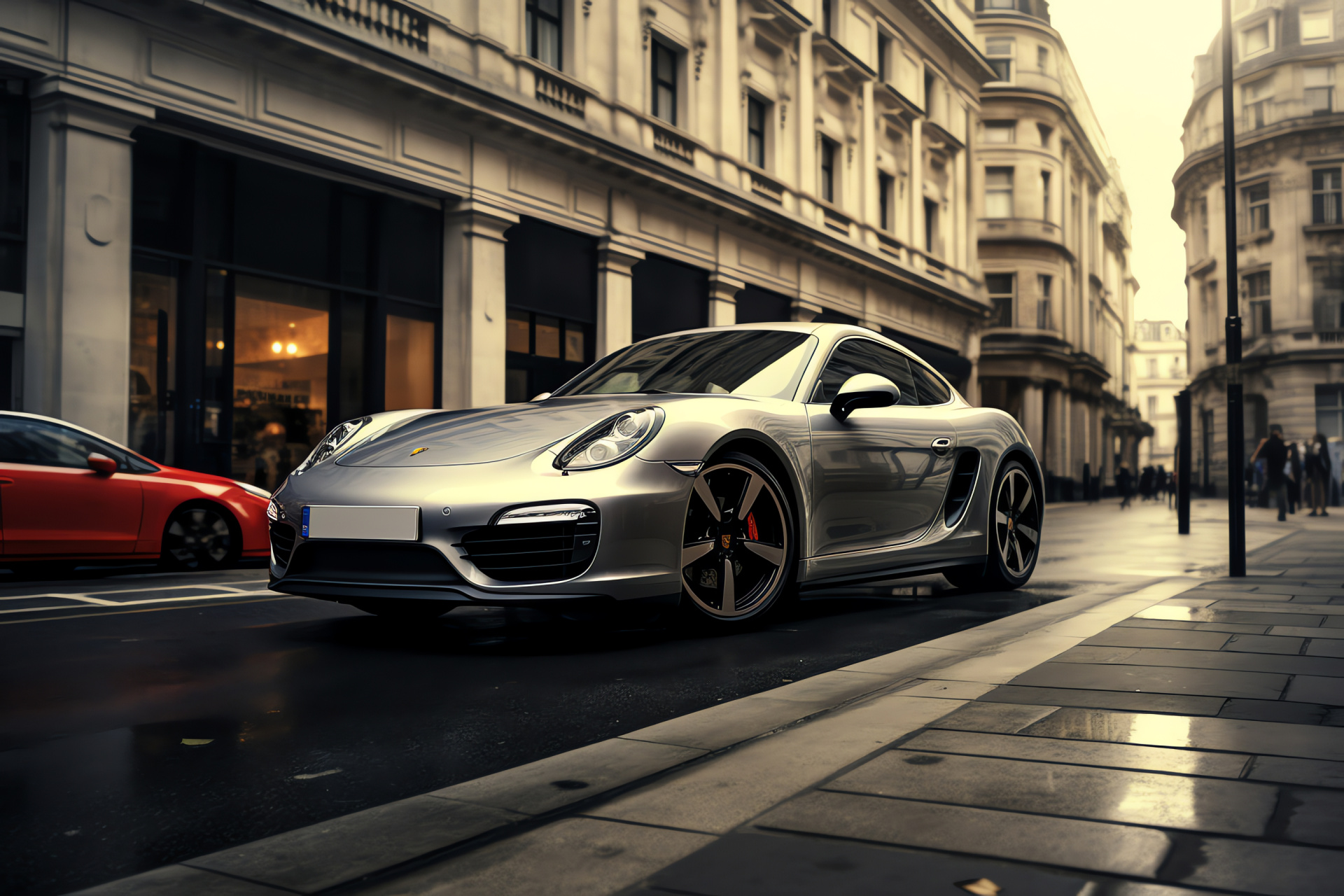 Sleek Porsche Cayman S, Urbane grey paintwork, London city hustle, Street-driven sports car, Modern day journey, HD Desktop Image
