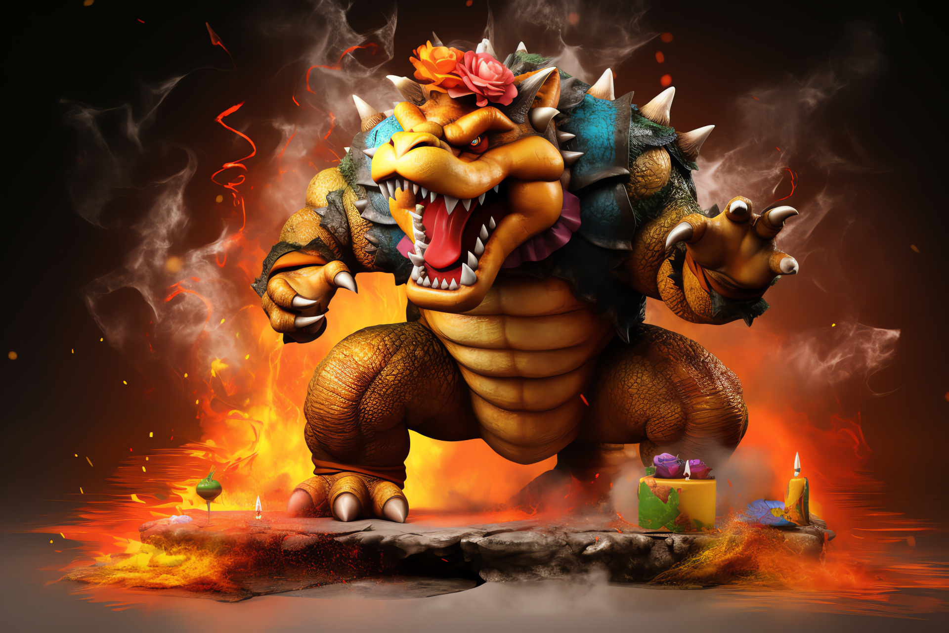 Bowser, Koopa King, Nintendo villain, Fire-breathing nemesis, Dynamic tri-chromatic background, HD Desktop Image