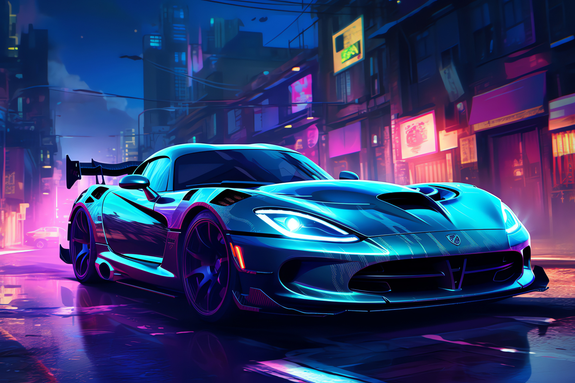 Neon SRT Viper GTS-R, Cyberpunk inspiration, Future metropolis, High-speed pursuit, Nighttime thrill, HD Desktop Image