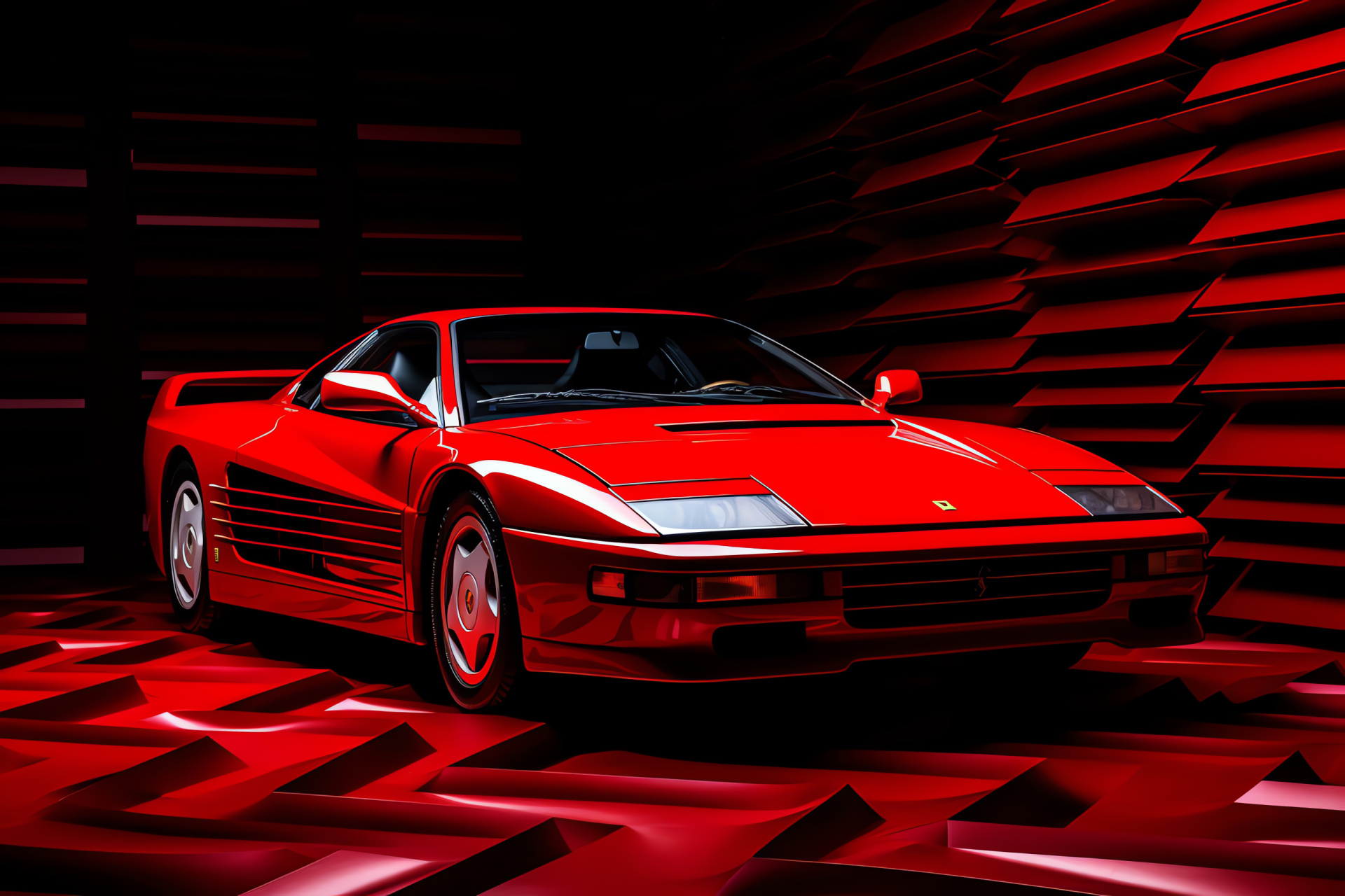 1993 Testarossa showcase, Wide-span snapshot, Classic red sportscar, Solo backdrop presentation, Iconic vehicle design, HD Desktop Image