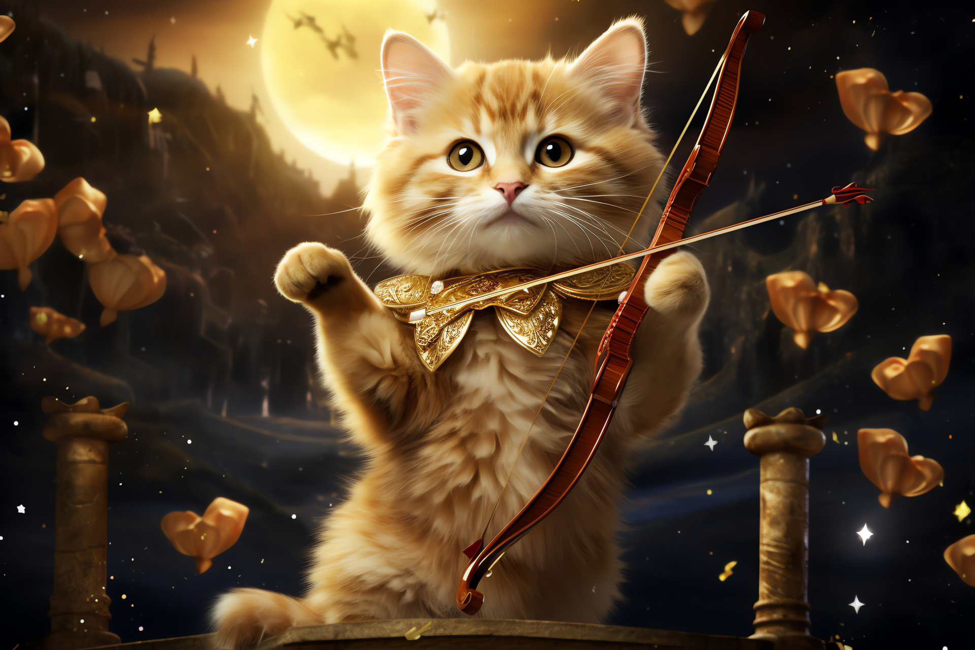 Feline affection, Celebration of love, Mythical archer, Nocturnal sky, Glittering heavens, HD Desktop Wallpaper