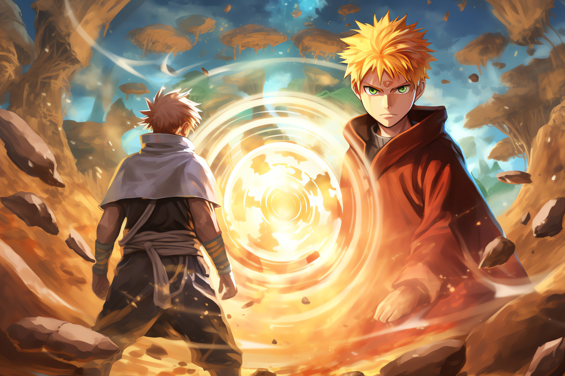 Shonen anime heroes, Naruto vs. Gaara, Signature Jutsu, Defensive Sand, Combat symphony, HD Desktop Image