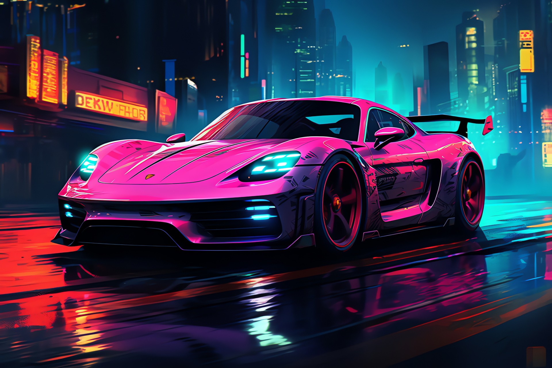 Porsche 718 Spyder, Modern sports car, City skyline, Night glow, Aerodynamic build, Urban style, HD Desktop Wallpaper