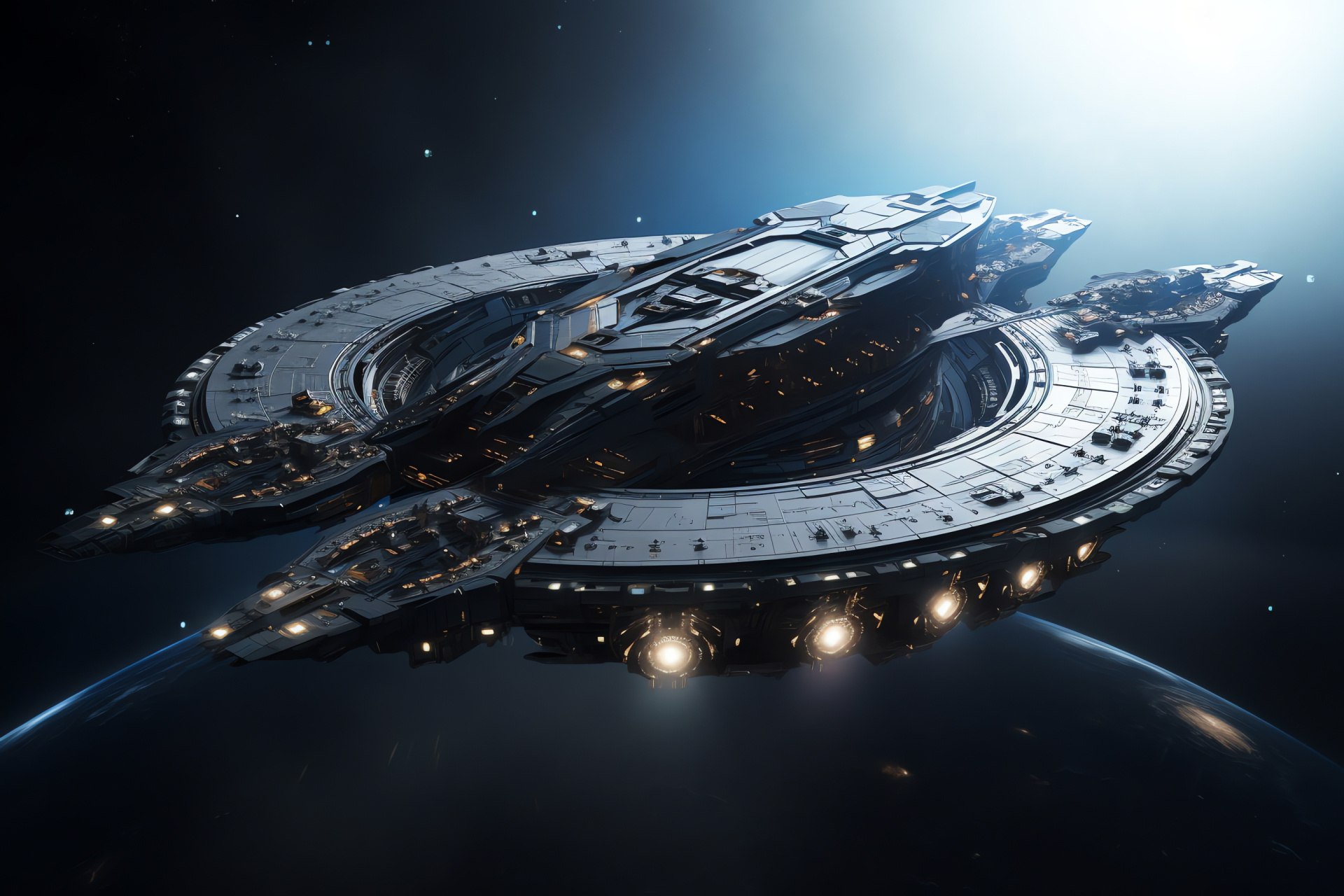Futuristic space vehicle, interstellar travel, science fiction design, spacecraft engineering, hyperdrive glow, HD Desktop Image