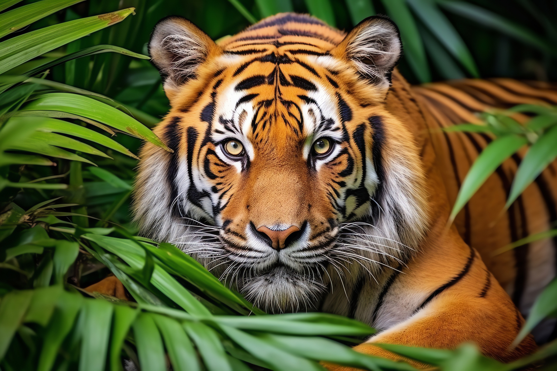 Holiday-themed tiger, Wild cat in natural setting, Striking orange pelt, Dark linear patterns, HD Desktop Image
