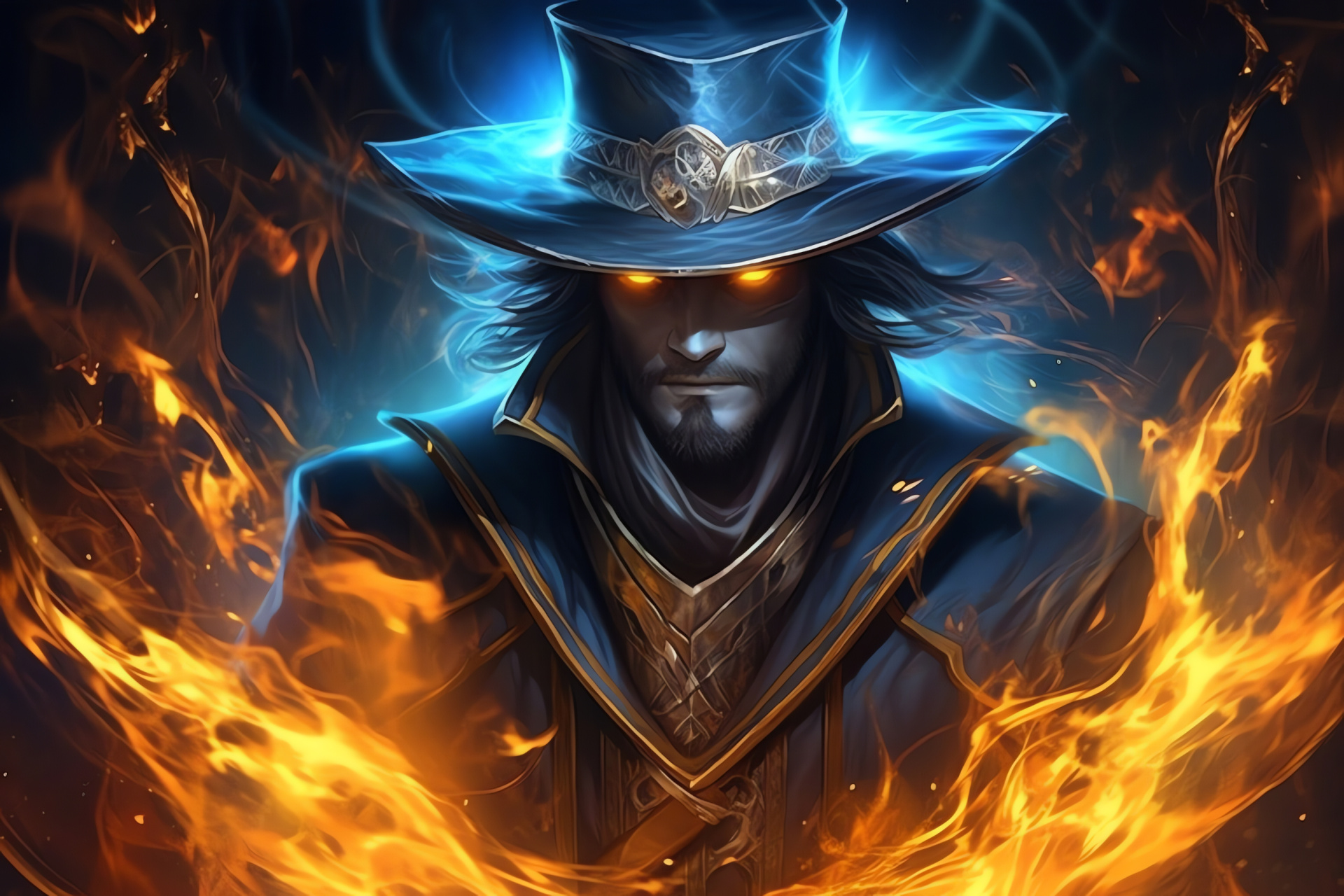 Twisted Fate staring, Cardmaster with gold iris, Champion's regalia, Runes detailing, Looking skyward, HD Desktop Wallpaper