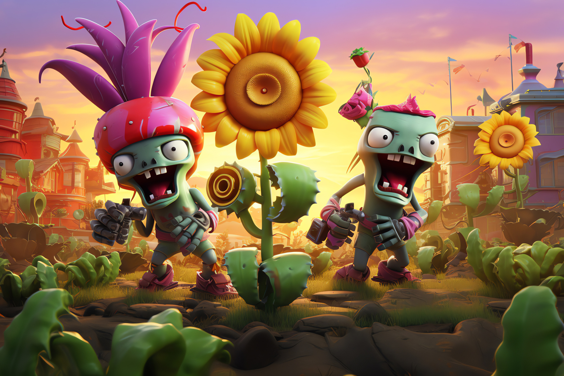 PvZ game characters, Garden Warfare floral cast, Animated Sunflower design, Peashooter in action, Chomper plant graphics, HD Desktop Wallpaper