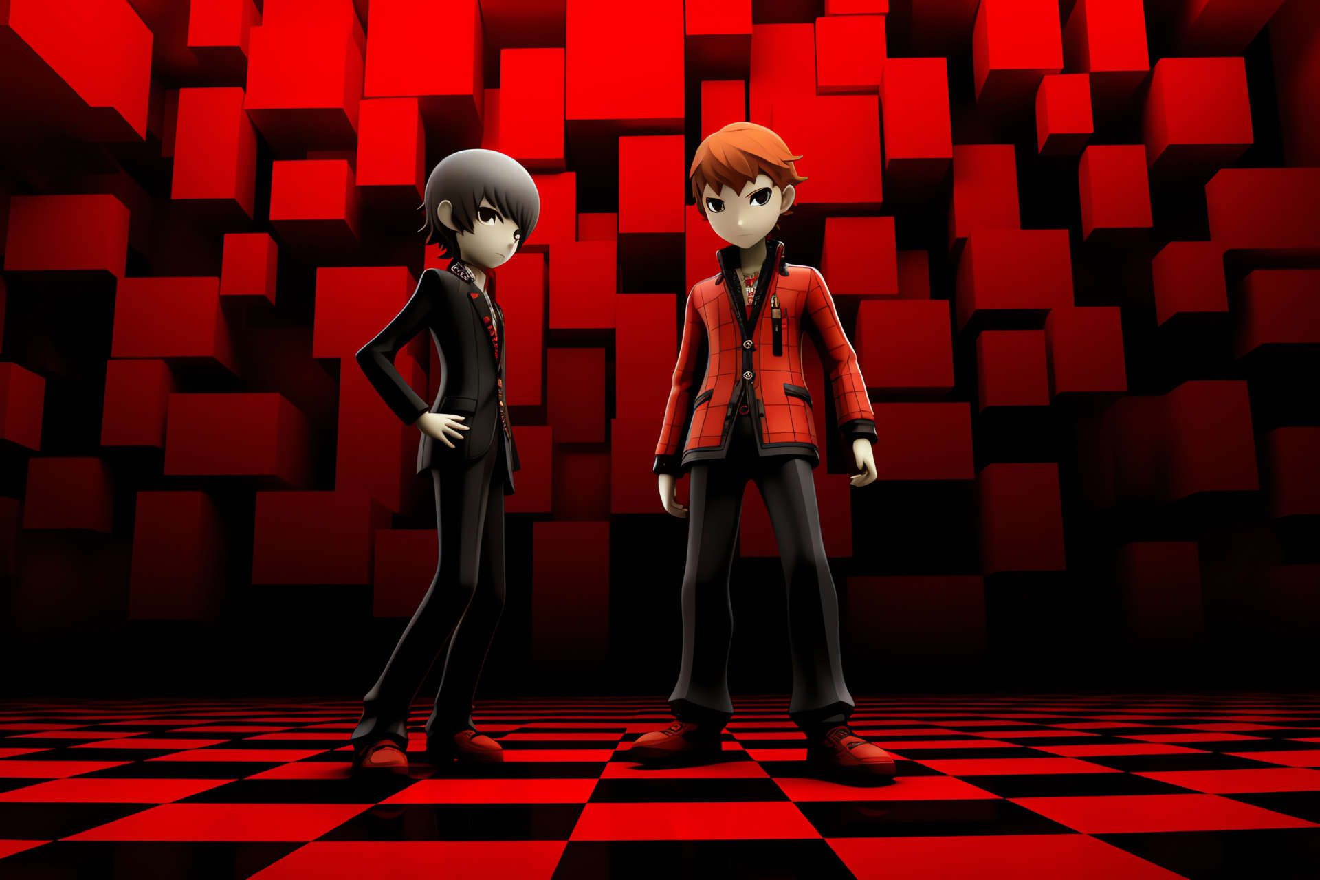 Persona Q avatars, Mitsuru Kirijo in action, Akihiko Sanada partner, RPG battles, Interactive story paths, HD Desktop Image