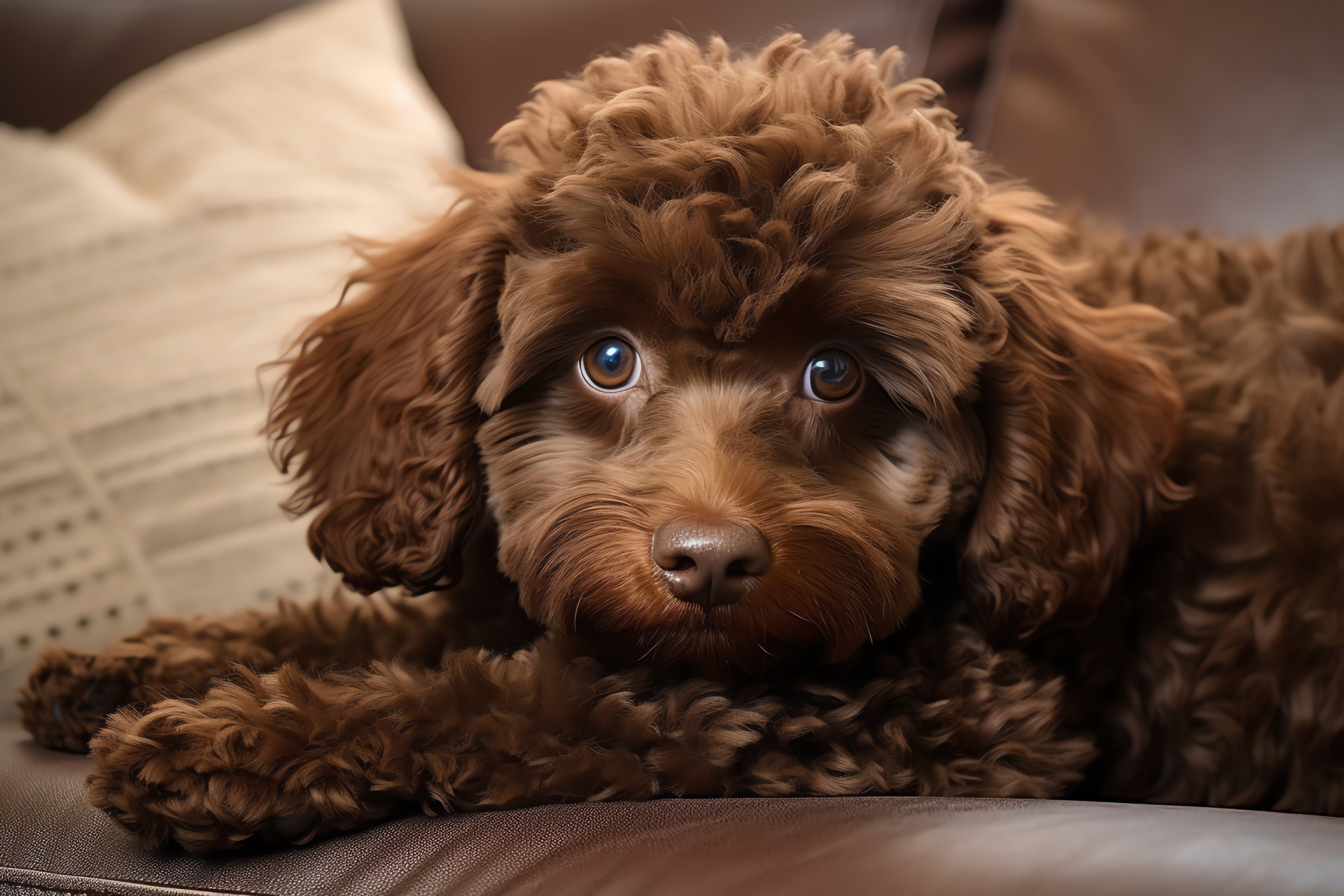 Canine Poodle, Chocolate Poodle, Soft Poodle fur, Friendly Poodle demeanor, Indoor pet companion, HD Desktop Image