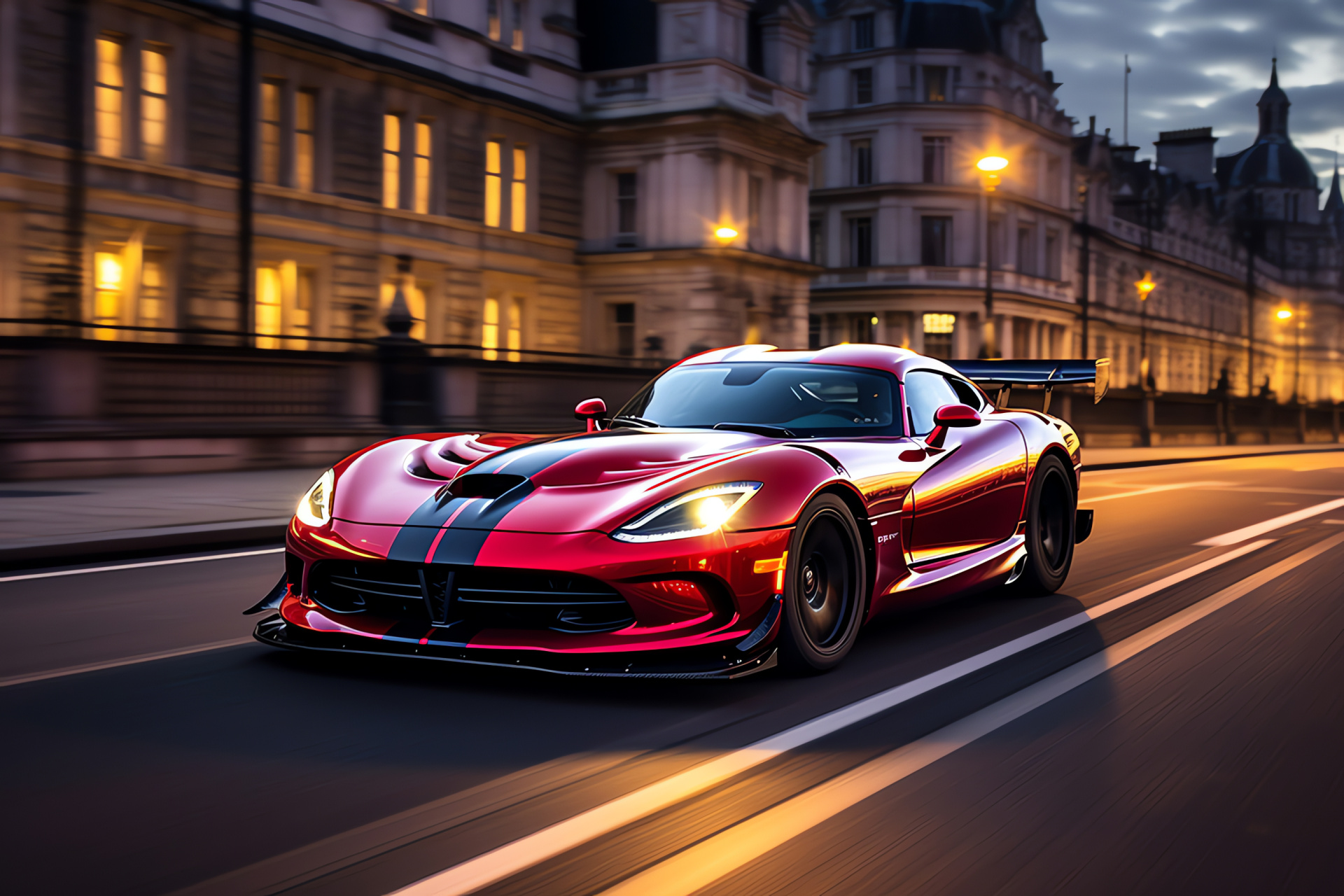 Viper Car ACR-X edition, London backdrop, race-ready enhancements, signature stripes, iconic monuments, HD Desktop Wallpaper