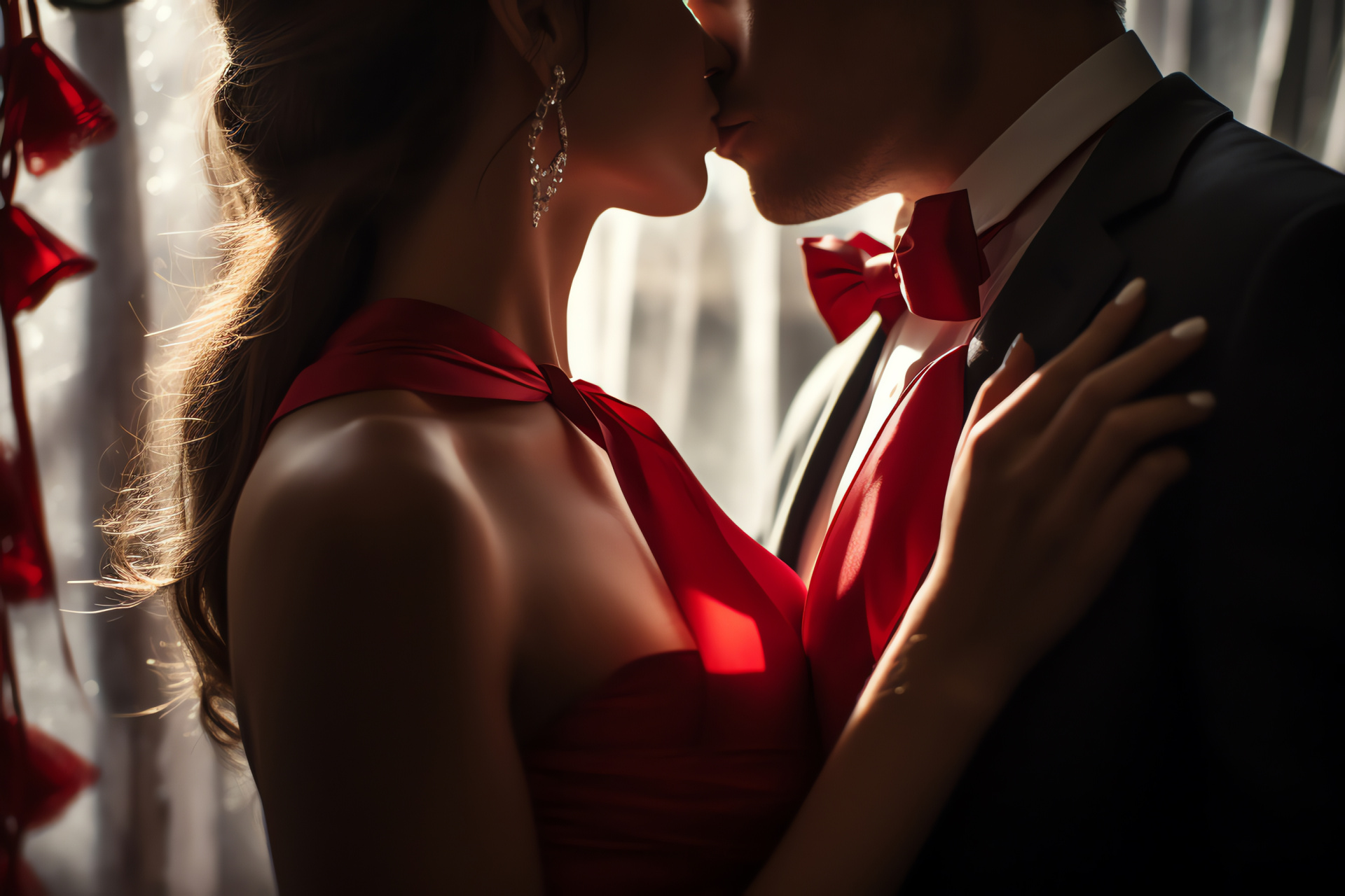 Affectionate festival, Intimate moment, Evergreen sprig, Celebration streamers, Crimson garment, HD Desktop Wallpaper