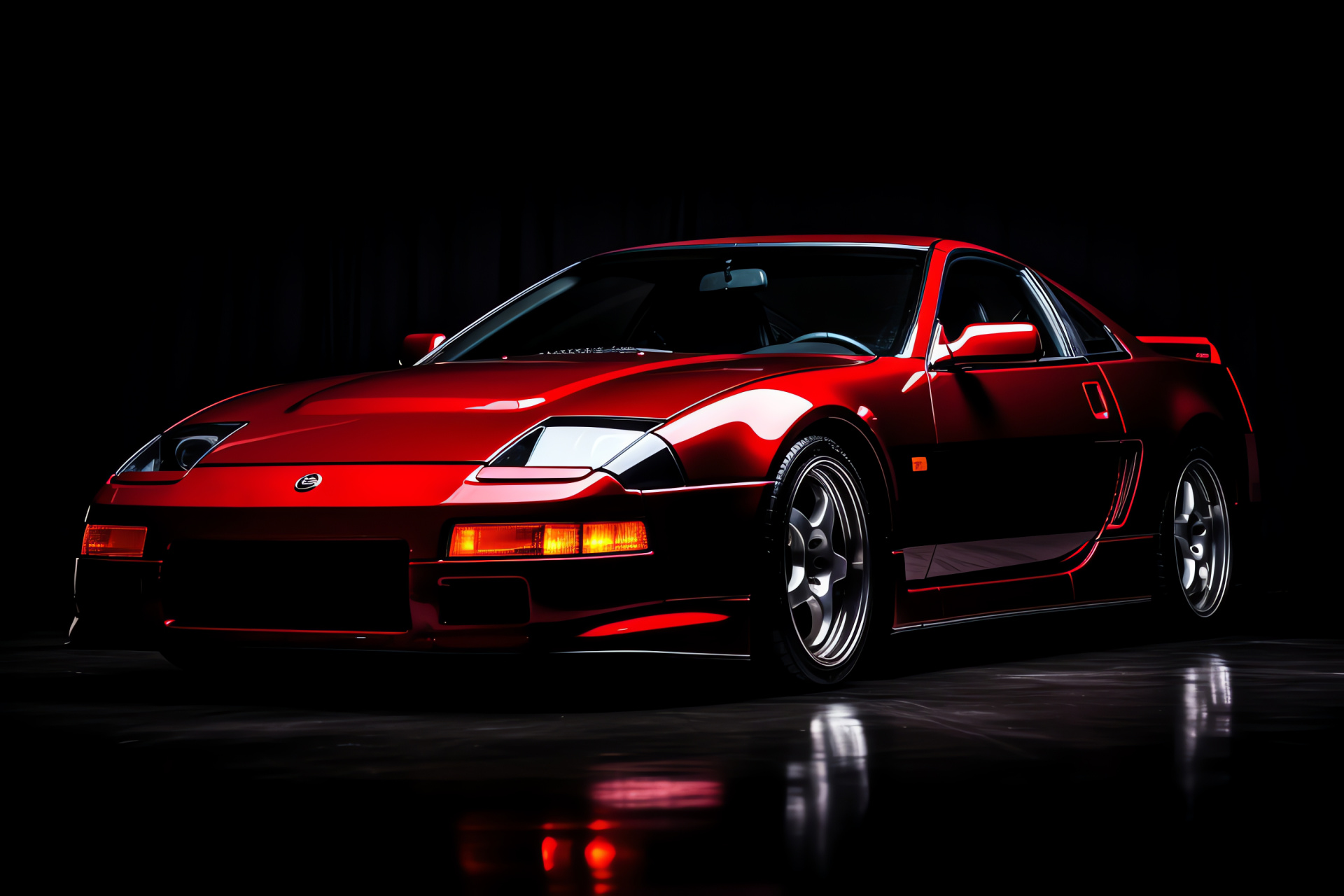 Classic Nissan 300ZX, Expansive shot, Obsidian canvas, Crimson accent, Striking visual, HD Desktop Wallpaper