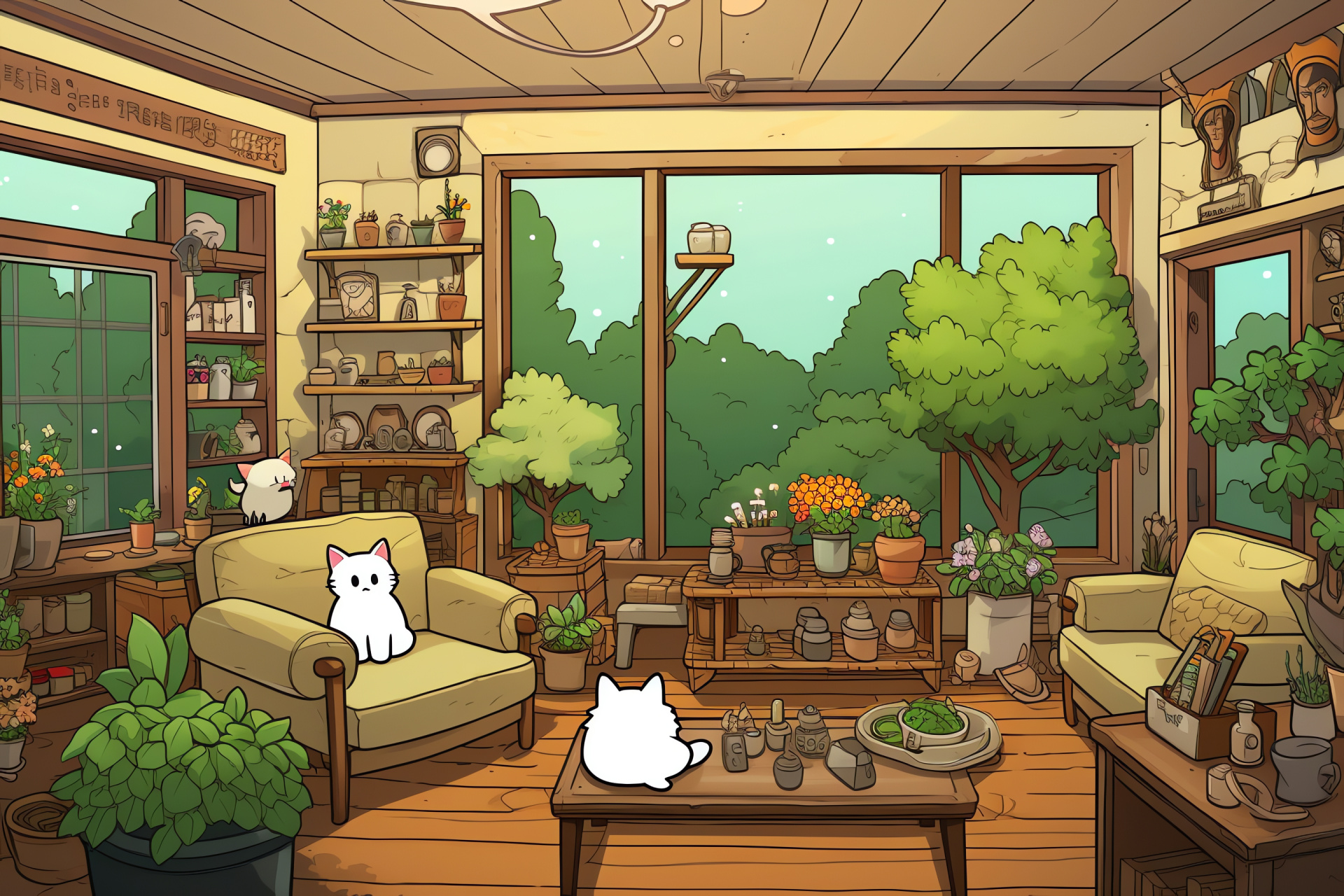 Neko Atsume mobile game, Cat collecting fun, Cozy home interior, Window view to garden, Interactive entertainment, HD Desktop Image