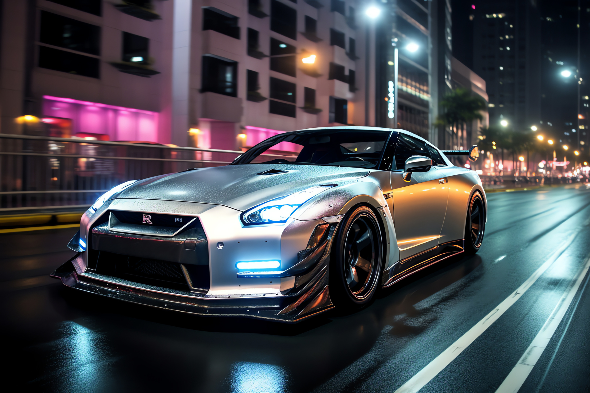 Nissan GTR R35, Tokyo streets, High-octane Track version, Reflective silver guise, Japanese electric nights, HD Desktop Wallpaper
