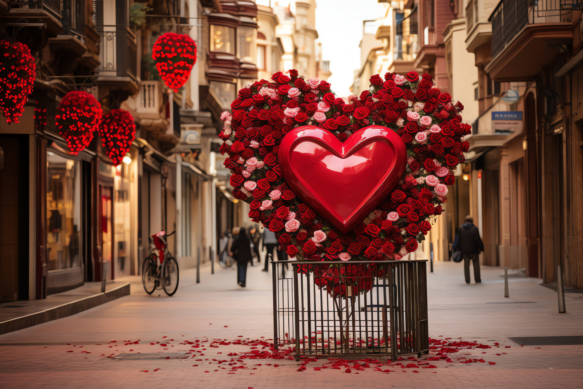 Urban Valentine's Day, Rose displays, Heart motifs, City vibrancy, Floral arrangements, HD Desktop Wallpaper