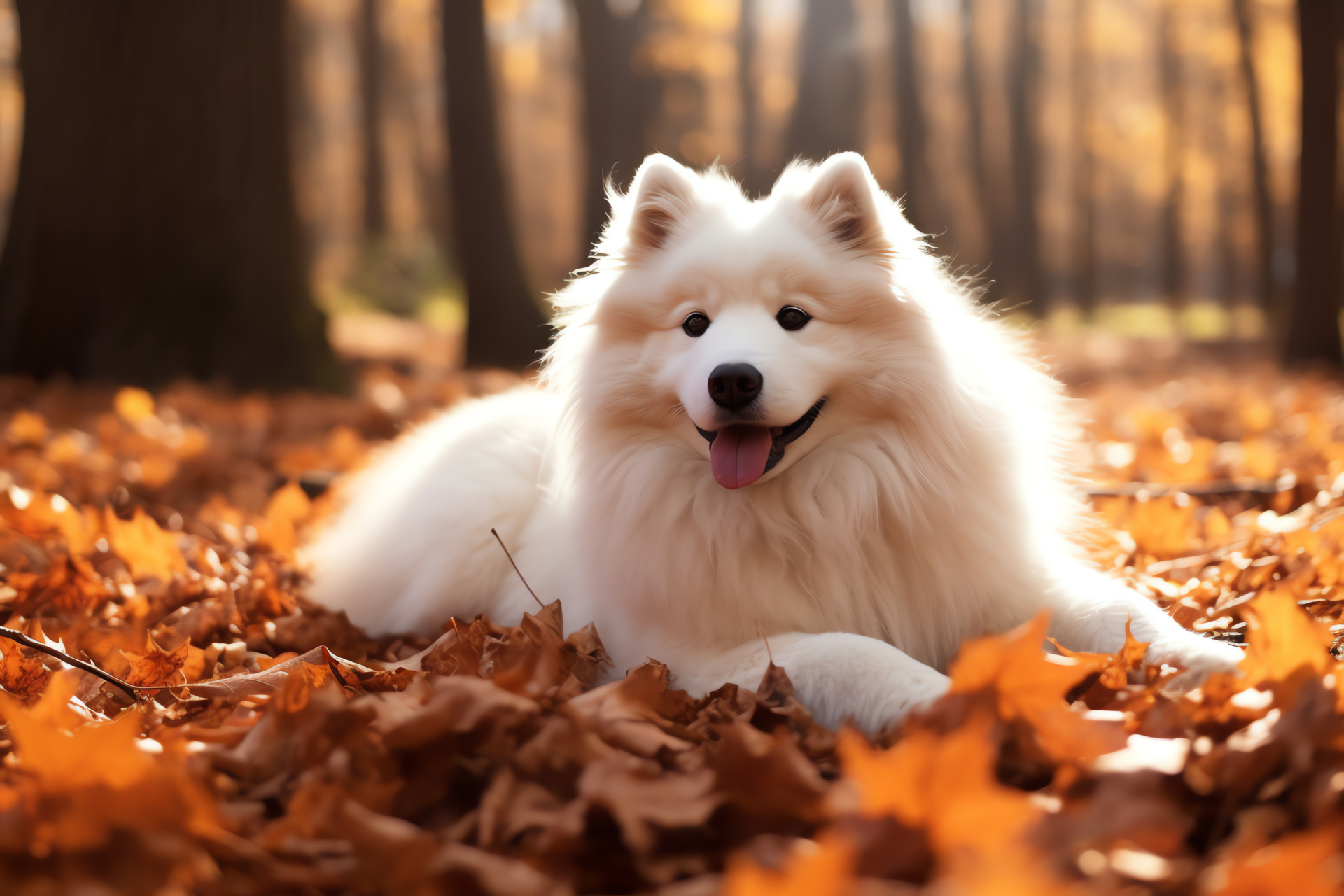 Fluffy white breed, Samoyed with umber stare, Dense coat dog, Canine in autumn, Domestic animal playing, HD Desktop Image