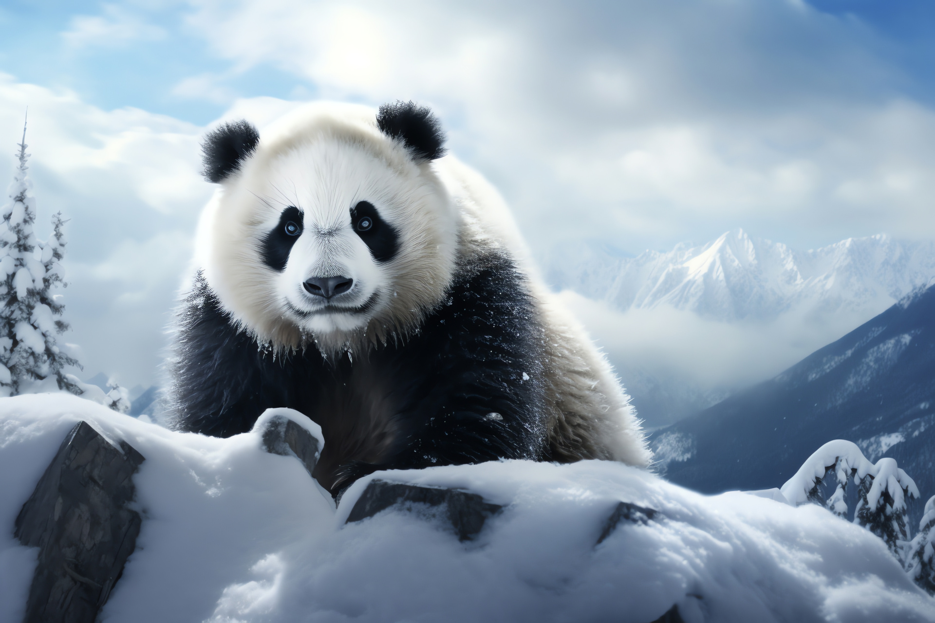 Giant Panda, resilience, furry creature, wintry habitat, black-white contrast, HD Desktop Wallpaper