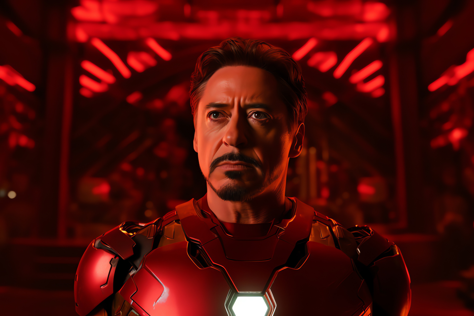 Iron Man emblematic appearance, Robert Downey Jr heroic stance, Classic armor palette, Iconic design, Comic adaptation, HD Desktop Wallpaper