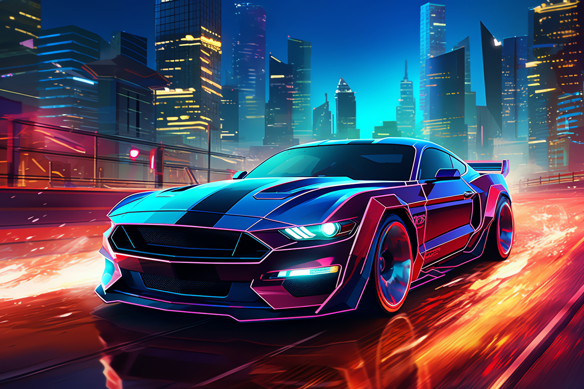 Futuristic Mustang bird-eye, Cyberpunk cityscape car, Digital world transport, High-tech neon Mustang, Future car above, HD Desktop Image