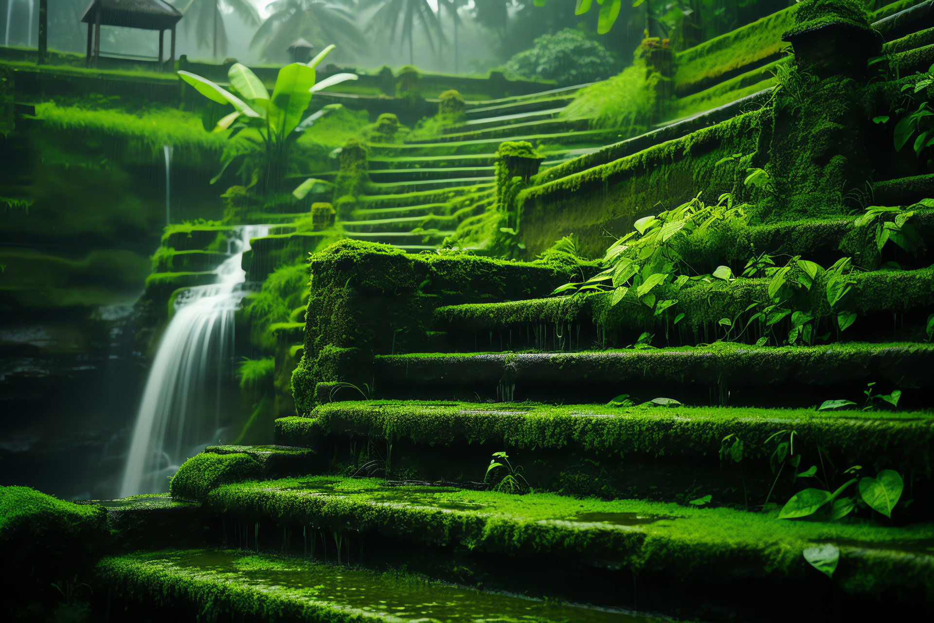 Bali natural landscape, Indonesian rice paddies during rains, terrace farming panorama, tropical downpour, agricultural vibrancy, HD Desktop Wallpaper