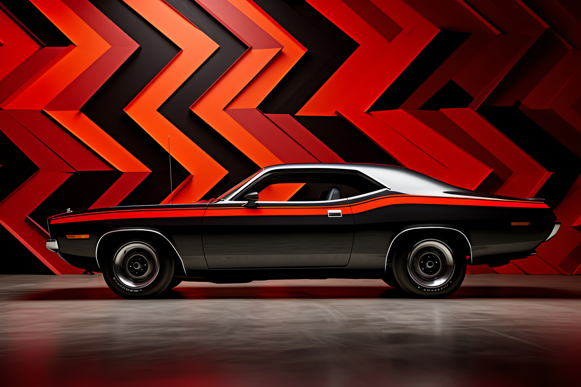 Plymouth Barracuda styling, 1971 edition, Aggressive design, Muscle car aesthetic, Red and black combo, HD Desktop Wallpaper