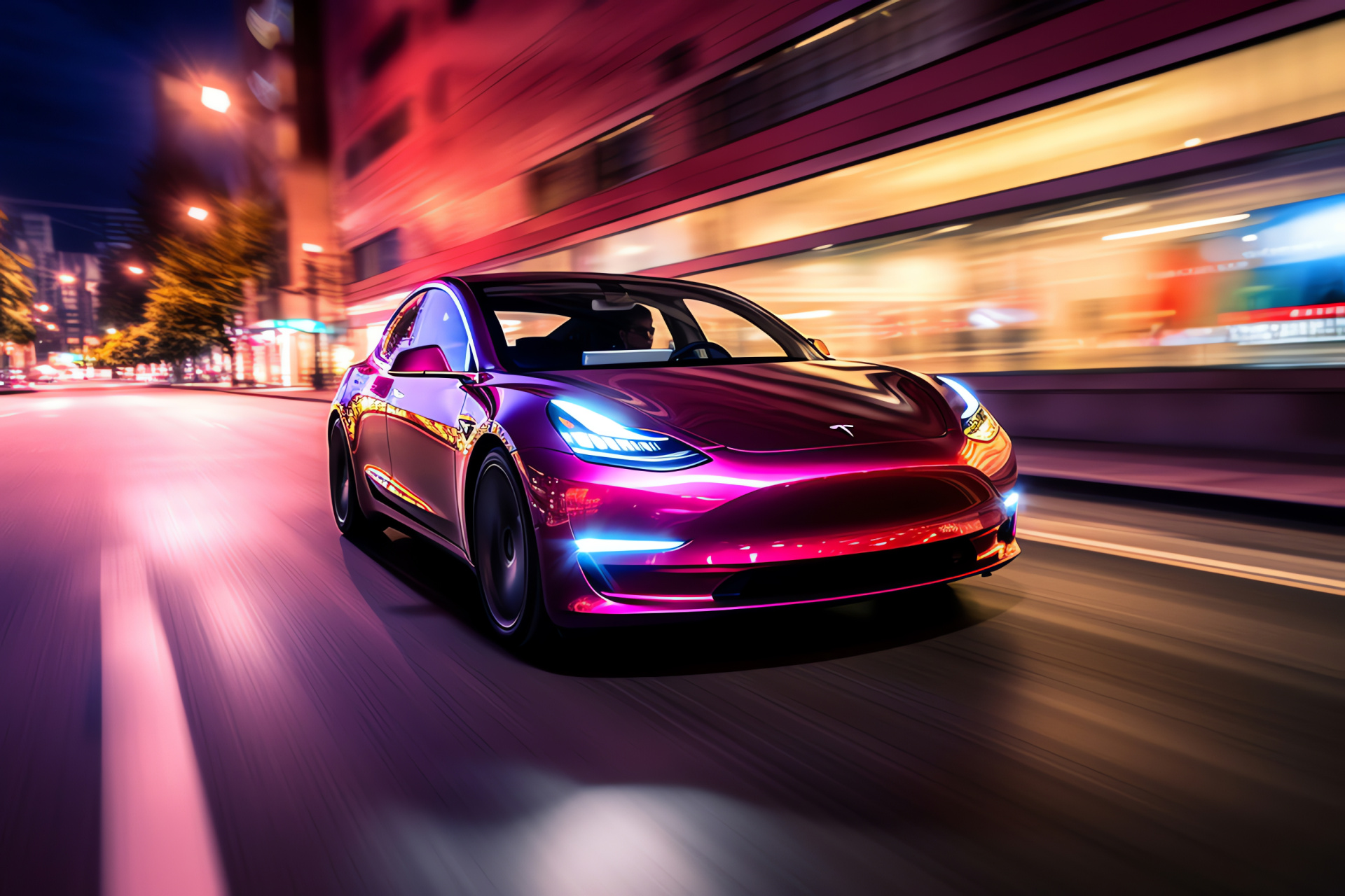 Model 3 speed, Berlin thoroughfare, High-energy scene, Electric car motion, Urban drive, HD Desktop Image