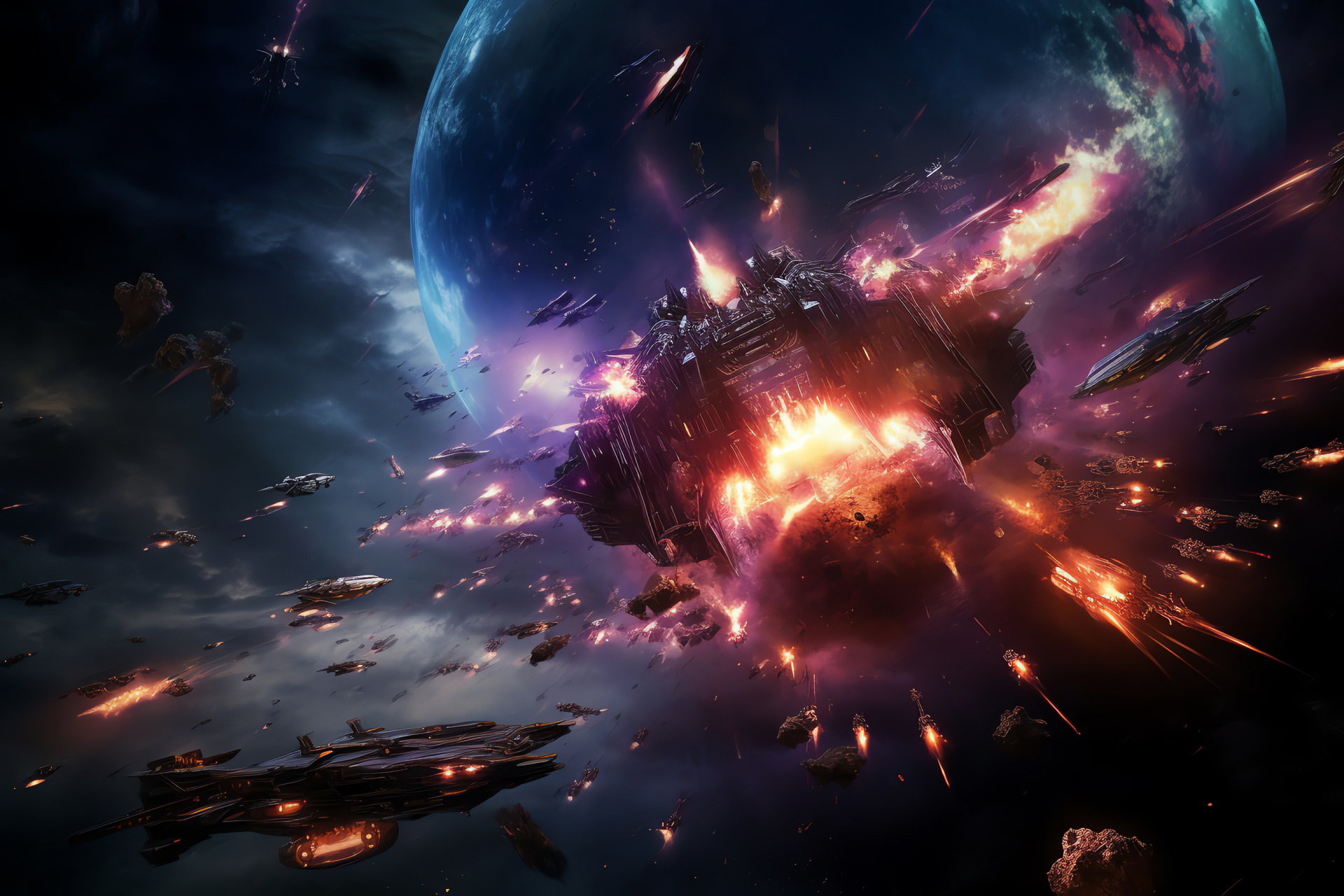 Galactic skirmish, imposing detonations, wide-angle perspective, formidable forces, inferno blasts, HD Desktop Image