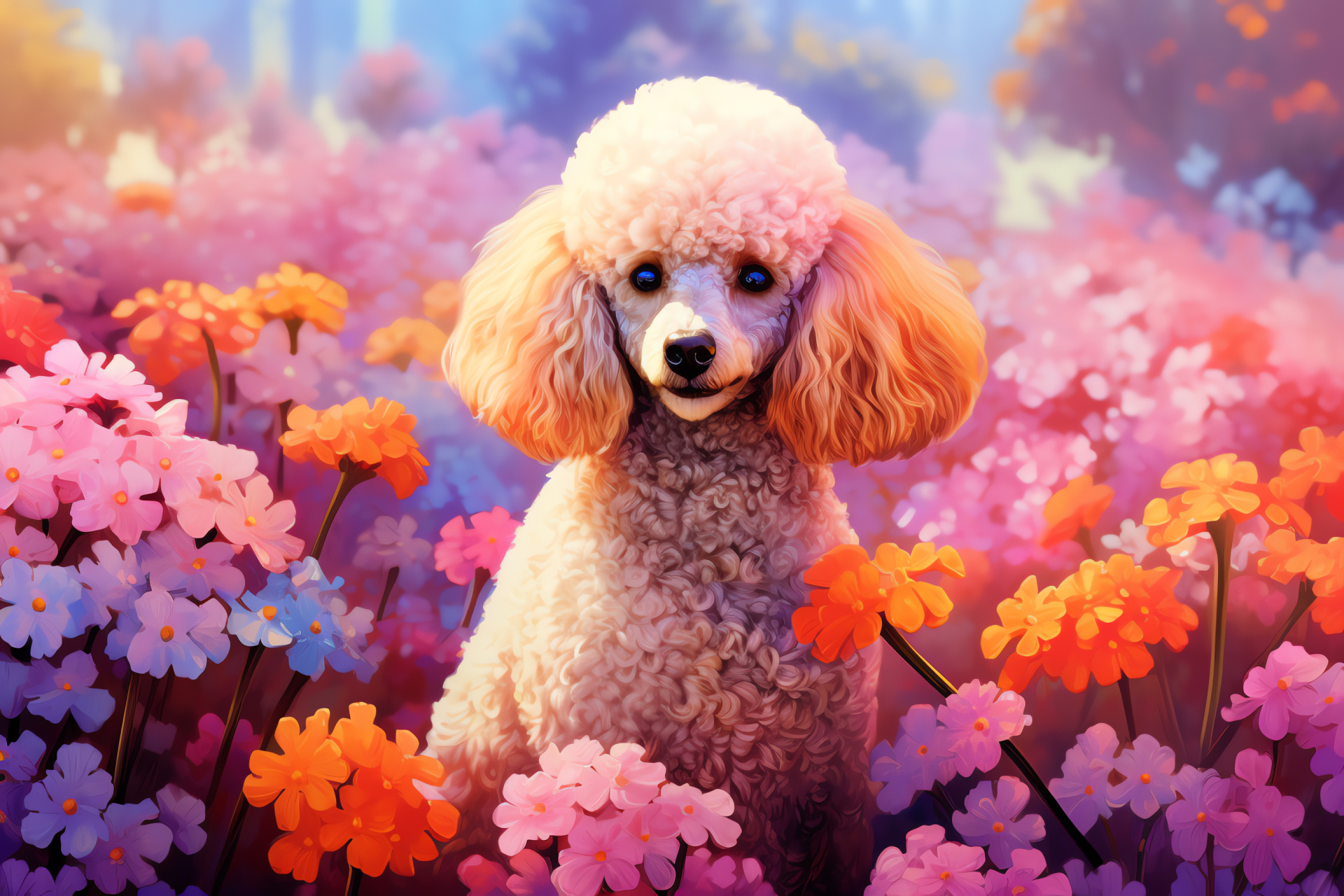 Colorful Poodle, brown-eyed canine, rainbow coat, blooming garden, pastel hues, HD Desktop Image