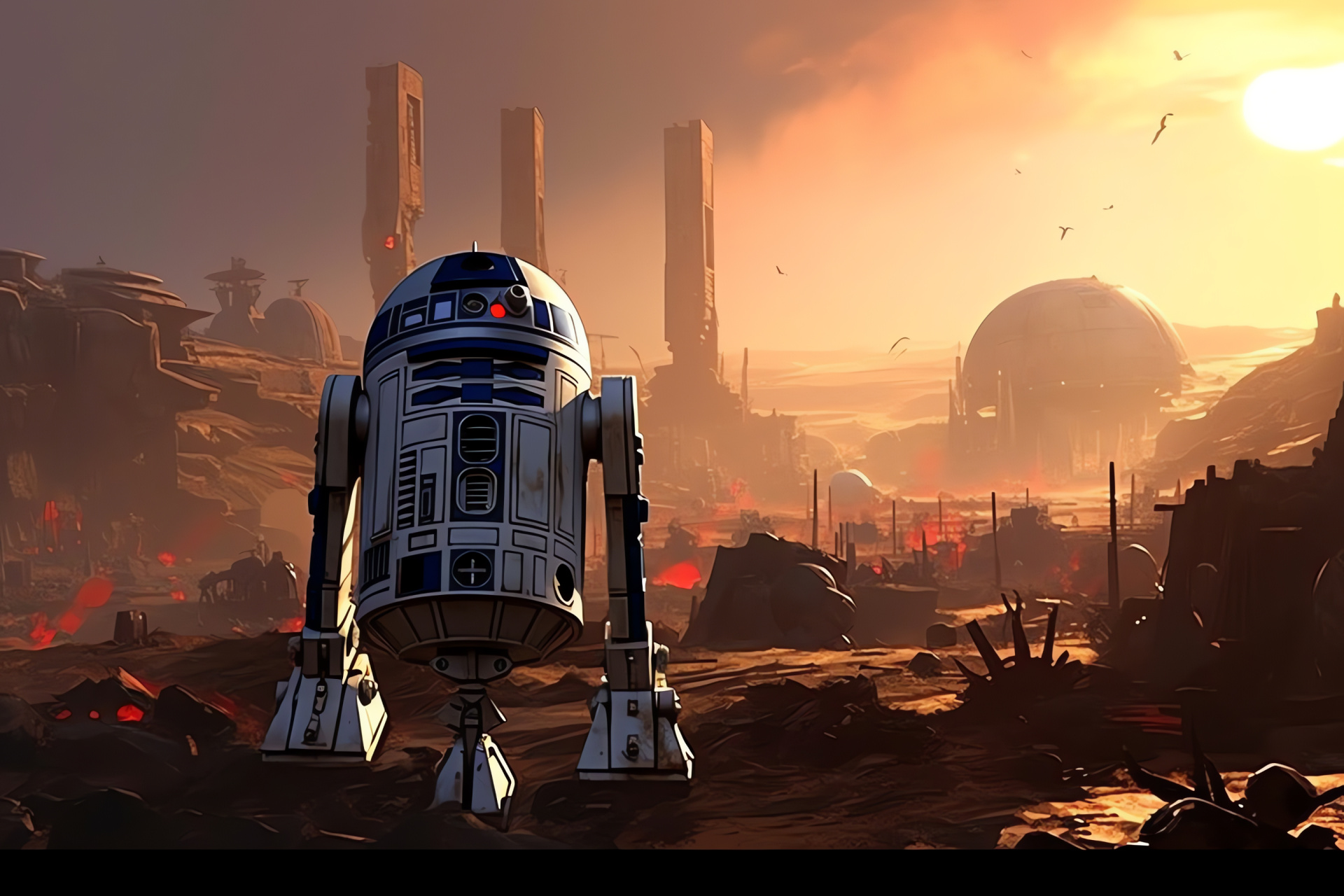 R2-D2, Dramatic combat, Futuristic battlefield, Sci-fi warzone, Resistance saga, HD Desktop Wallpaper