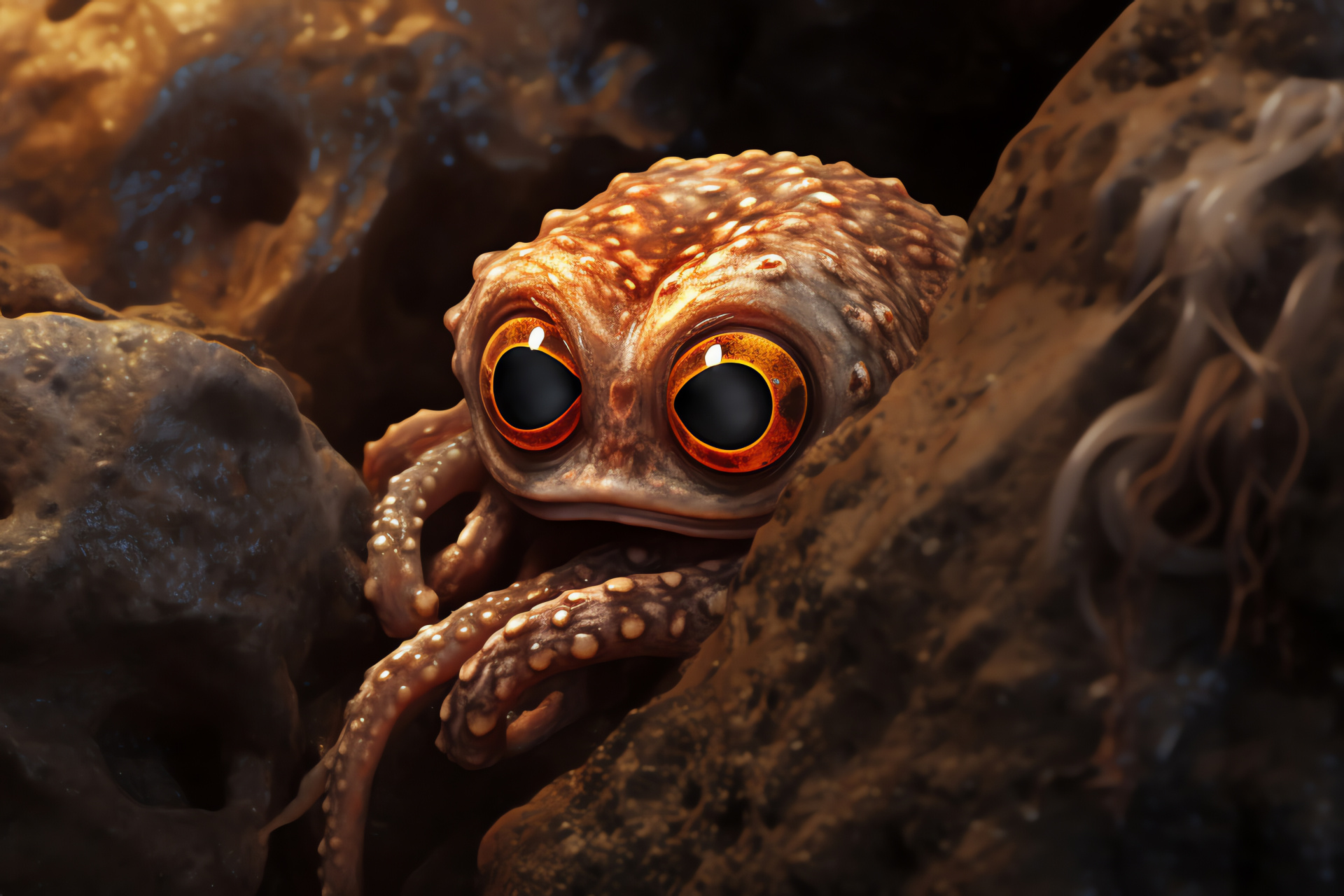 Small Octopus size, Marine miniature, Black-eyed cephalopod, Submarine crevice habitat, Aquatic survival, HD Desktop Image