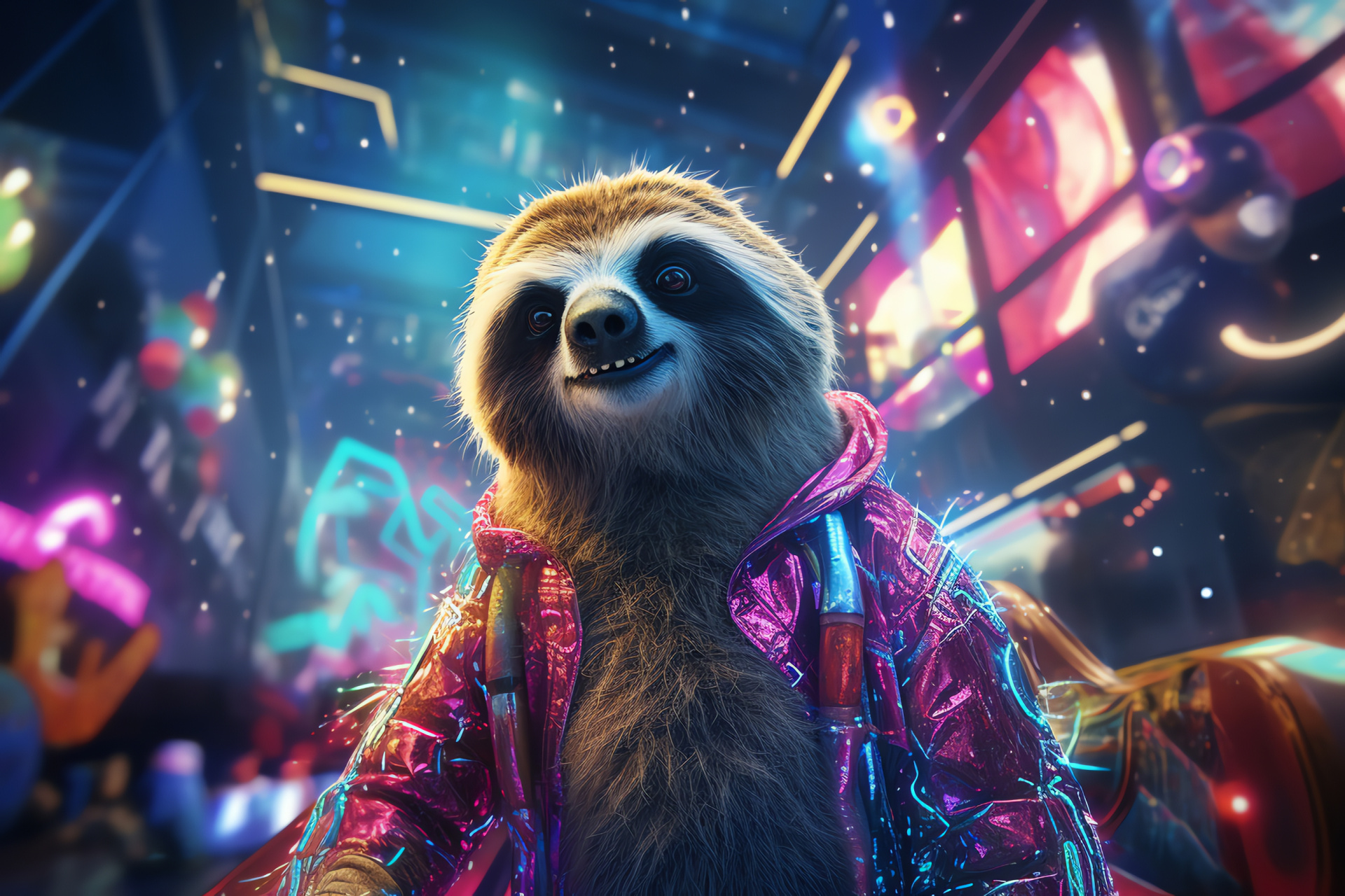 Bold Space Sloth, Neon glow fur, Galactic City setting, High-tech ambience, Energetic posture, HD Desktop Image