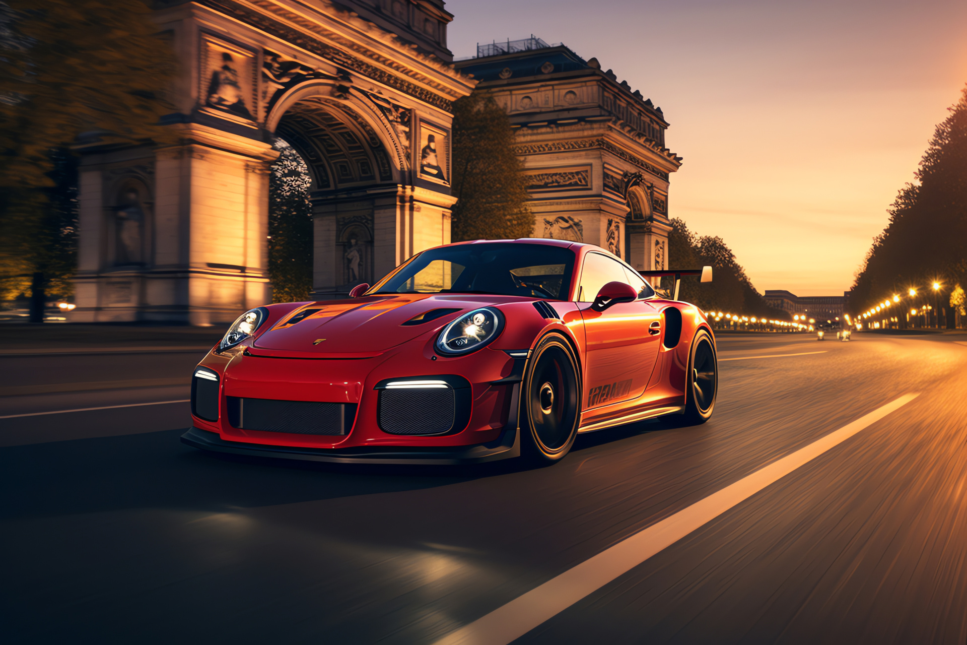 Porsche 911 GT3 RS, Parisian Streets, Iconic Landmark, Performance Coupe, French Elegance, HD Desktop Image