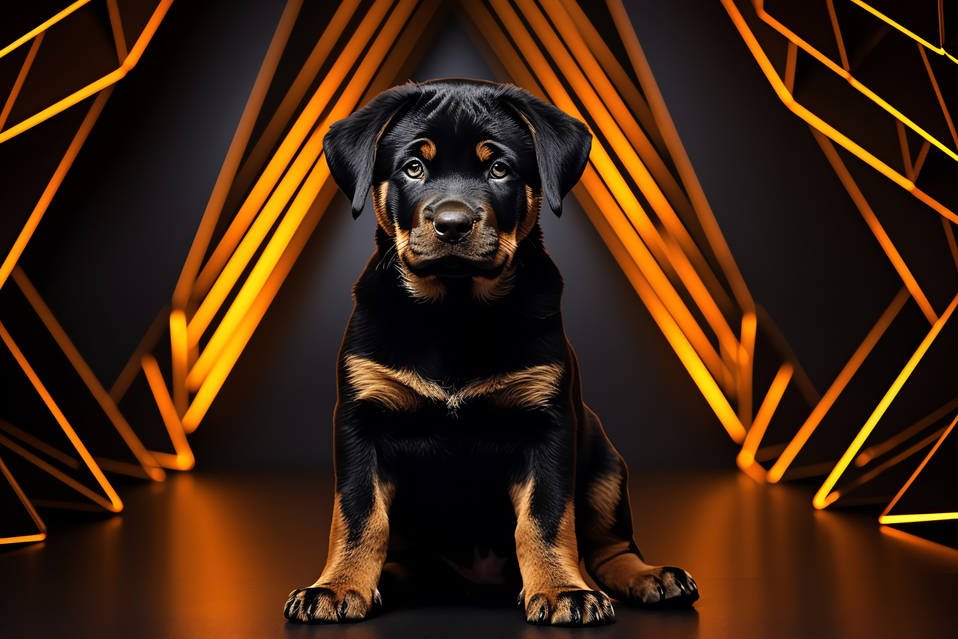 Puppy gaze, Rottweiler breed, Expressive canine, Sleek coat puppy, Luminous outline, HD Desktop Wallpaper