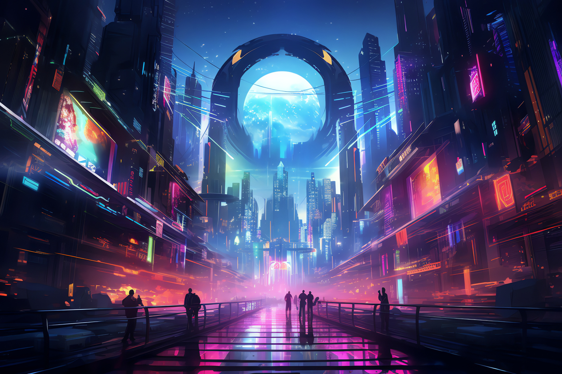 Pantheon gaming ambiance, Fictional metropolis imagery, Cyberpunk city influence, Modernistic skyline visual, Neon urban landscape, HD Desktop Wallpaper