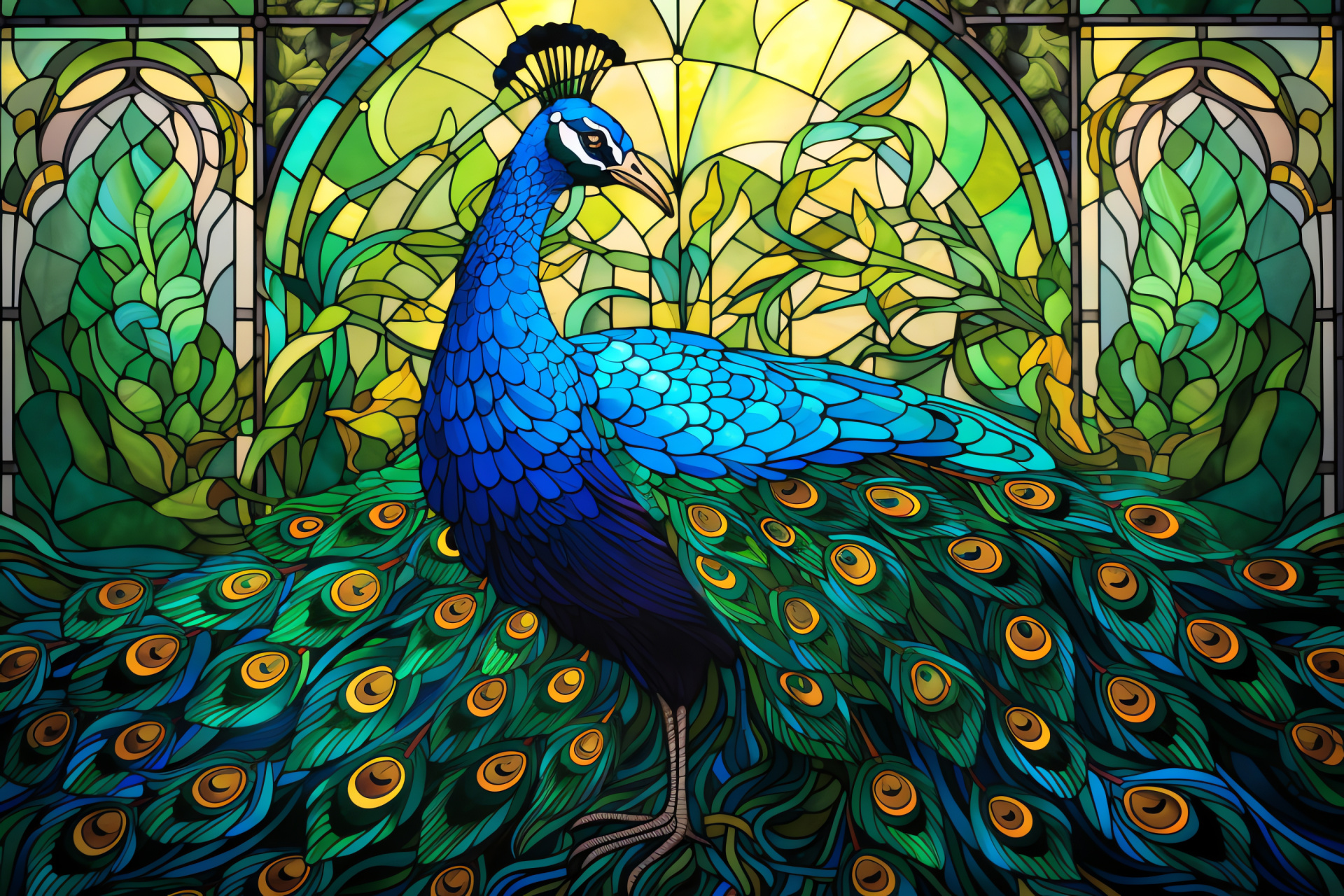 Peacock, Emerald plumage, Deep turquoise tail, Geometric feather design, Stained glass inspiration, HD Desktop Wallpaper