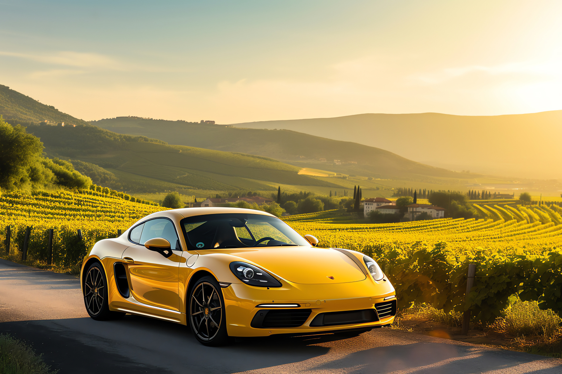 Porsche Cayman, Tuscany scenery, Yellow finish, Italian vineyards, Evening glow, HD Desktop Image