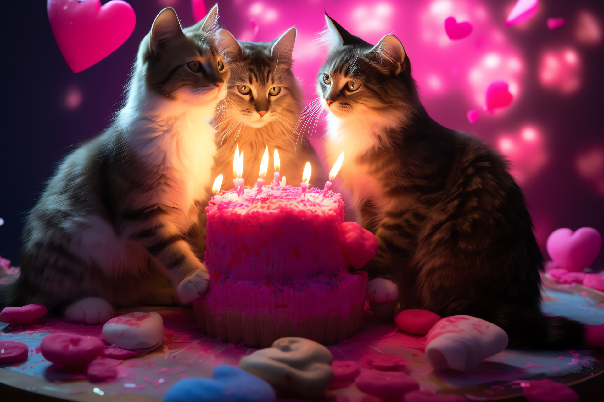 Celebratory felines, Heart-shaped dessert, Cerise icing, Sugary heart embellishments, HD Desktop Image
