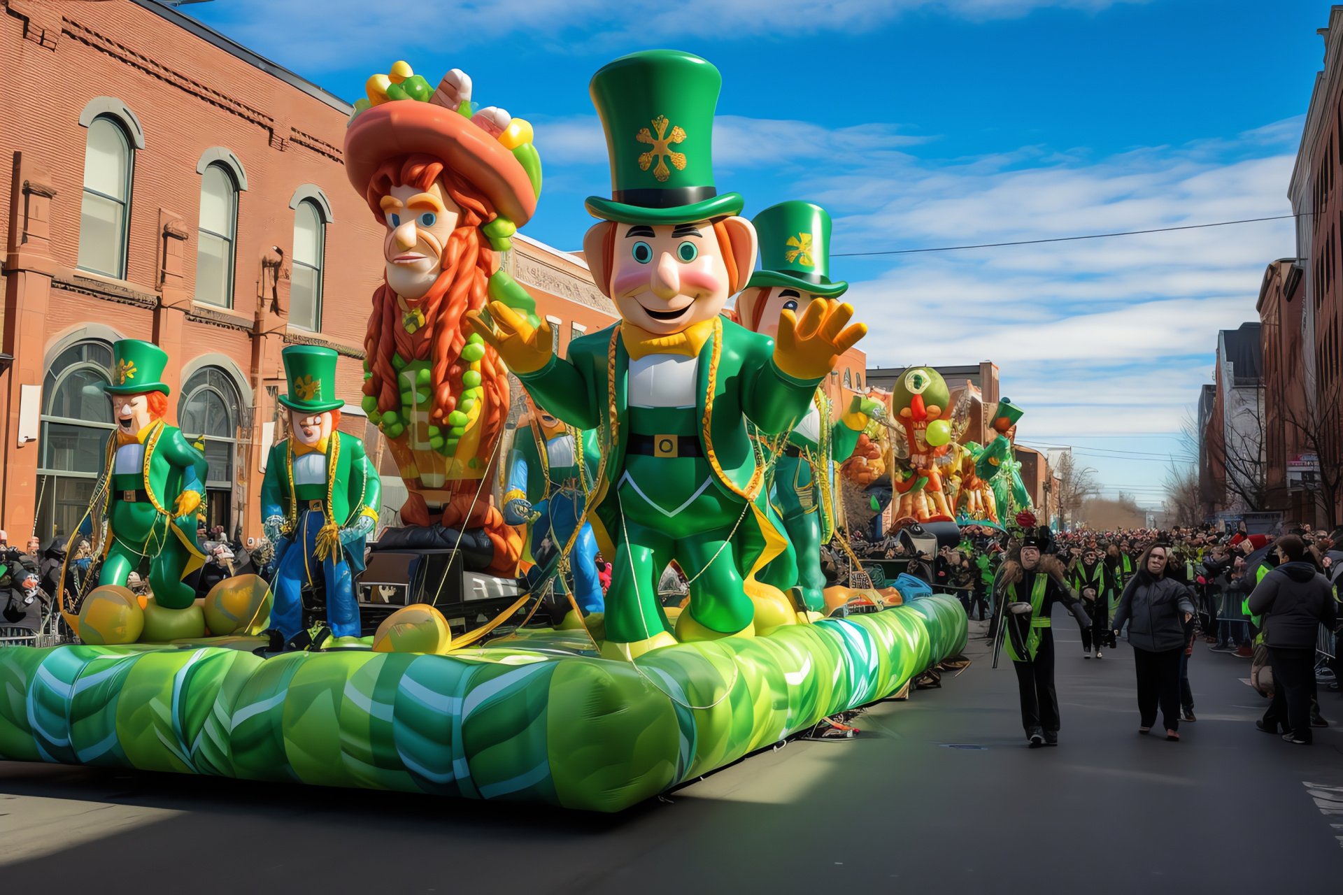 Saint Patrick's Day parade, Green-clad inflatable leprechauns, Shamrock decorations, Thematic parade floats, Irish cultural festivity, HD Desktop Wallpaper