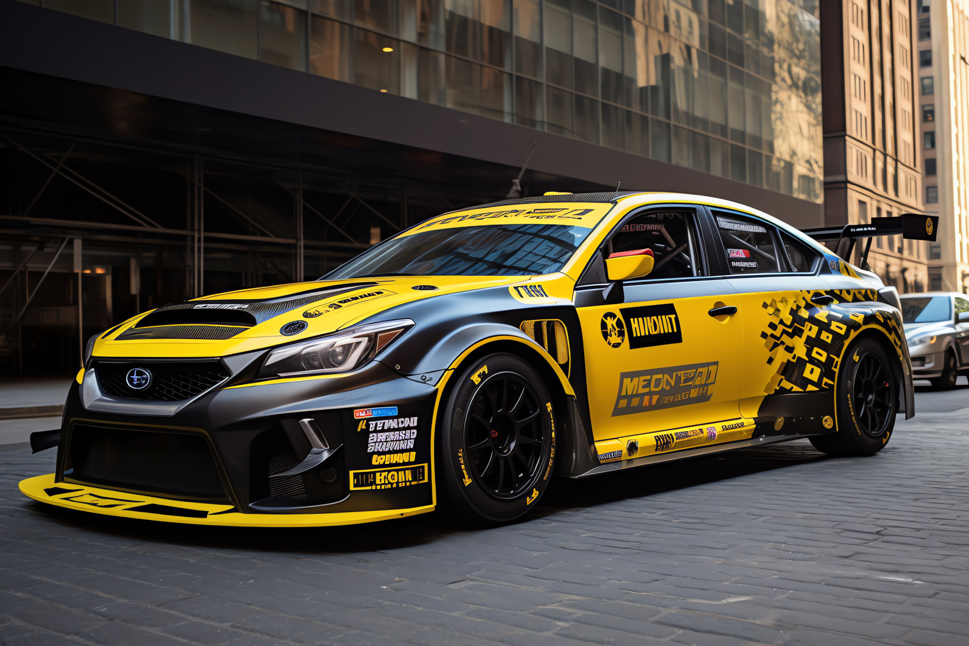 Rally Car New York, Urban rally, Black and yellow theme, City environment, Motorsport scene, High-rise backdrop, HD Desktop Wallpaper