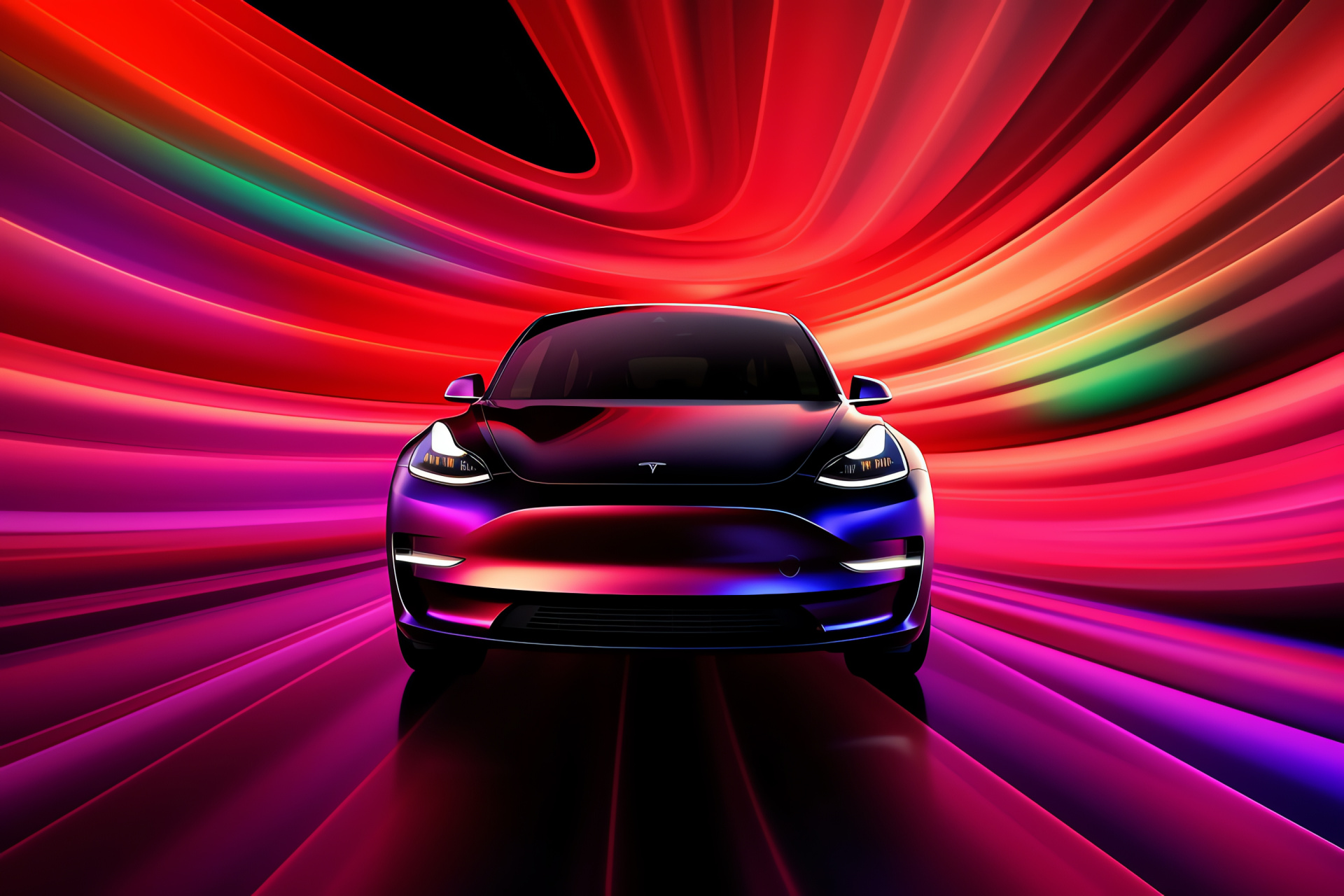 Tesla Model Y, Unique triple-color backdrop, Leading electric SUV, Family-friendly, Modern technology, HD Desktop Image