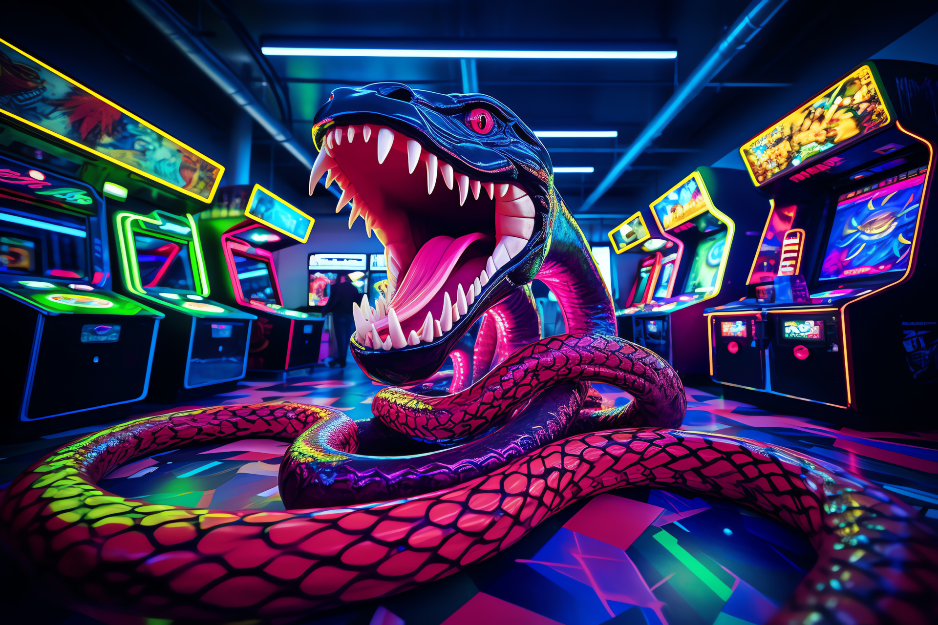 Exotic Neon Snake, Arcade Aesthetic, Glowing Reptile, Serpentine Creature, Modern Style, HD Desktop Wallpaper