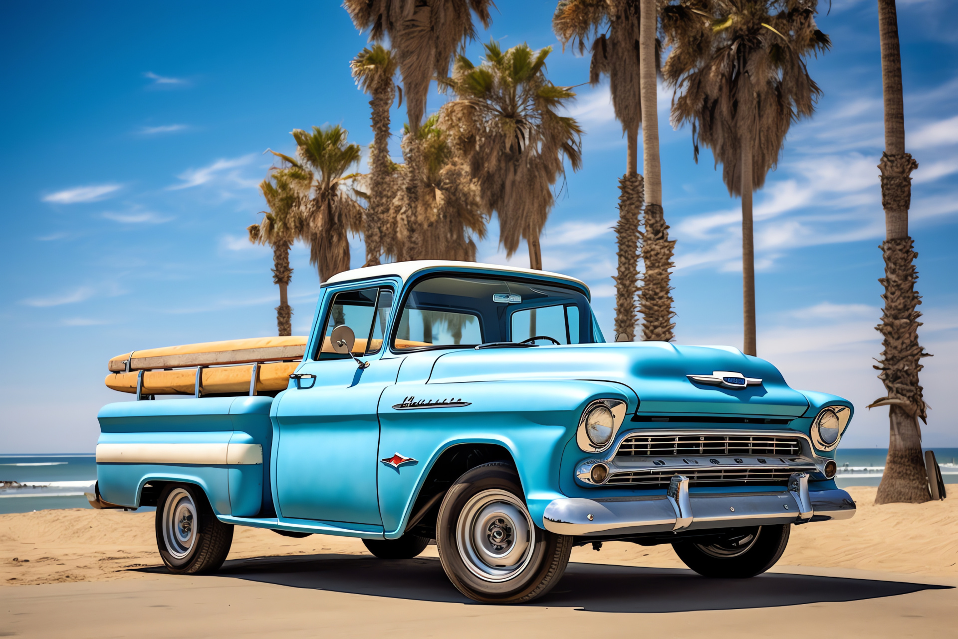Chevrolet Pickup, Seashore locale, Surfing gear, Coastal ambiance, Maritime vegetation, HD Desktop Image