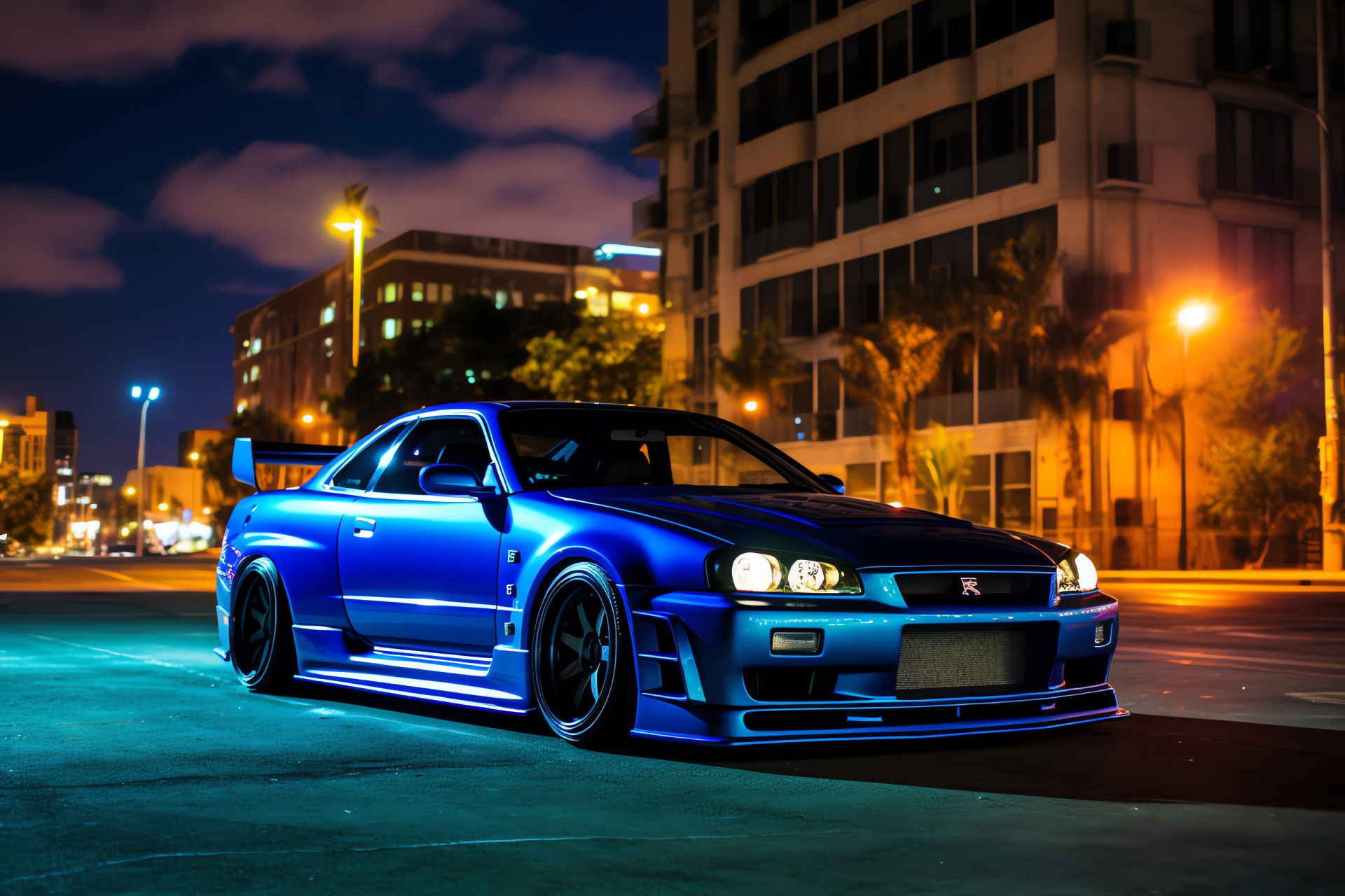 Nissan Skyline GTR R33, Los Angeles, Sunset Strip, neon illumination, sporty design, HD Desktop Wallpaper