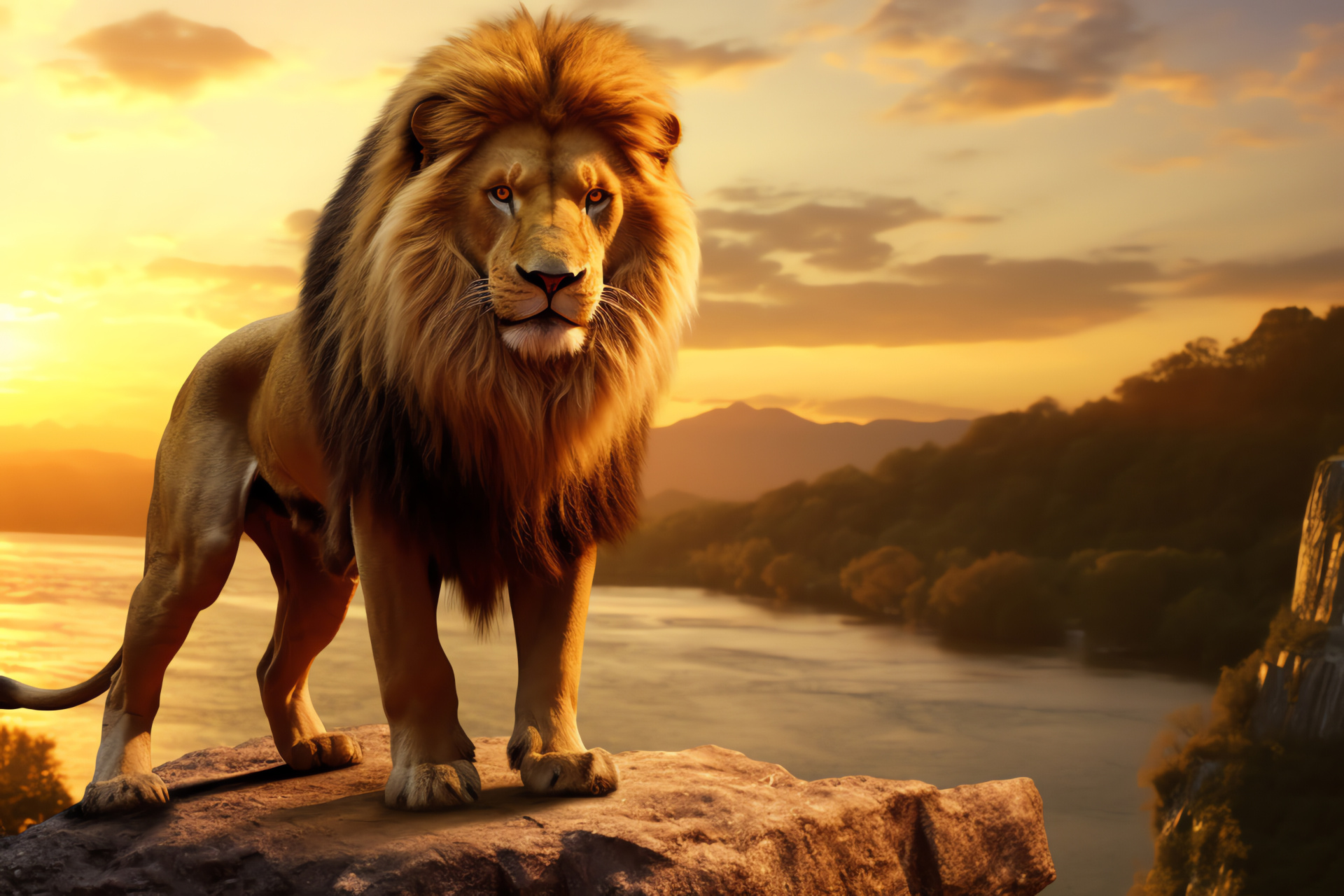 Aslan of Narnia, Majestic lion overlooking cliff, Flowing waters of Great River, Cinematic landscape, Chronicles of Narnia, HD Desktop Image